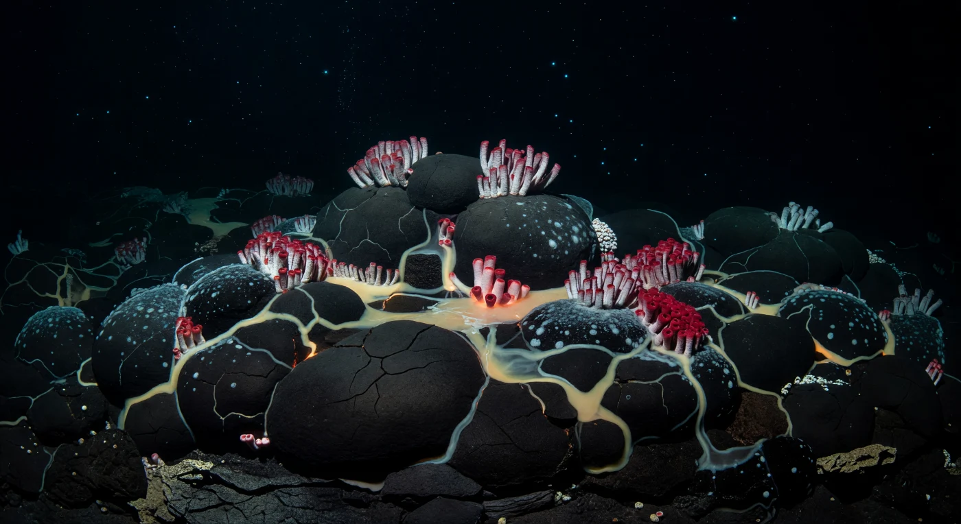 At roughly 2,500 metres below the surface, where tectonic plates slowly tear apart along one of Earth's longest mountain chains, fresh basalt has erupted in rounded pillow forms whose glassy skins still carry the memory of heat, split by fine eruptive cracks through which pale amber hydrothermal fluid trembles upward in wavering, near-invisible veils. Here, sunlight has been absent for kilometres of water column, yet life organises itself densely and purposefully around chemical energy alone — colonies of Riftia pachyptila tube worms crowd the warm fissures in tight red-plumed forests, their bodies sustained entirely by sulphur-oxidising bacteria living within them, while white microbial mats spread across the cracked basalt like slow exhalations, tracing the invisible circulation of vent fluids through the crust below. The pressure at this depth — roughly 250 atmospheres — compresses the water into a cold, dense, crystalline medium through which particles of marine snow and suspended mineral precipitates drift with extraordinary patience, catching the faintest chemiluminescent glow rising from within the diffuse outflow itself. This is a landscape driven not by the sun but by the interior heat of a living planet, a primordial chemistry that preceded photosynthesis in Earth's history and that persists here in absolute darkness, unwitnessed and continuous.