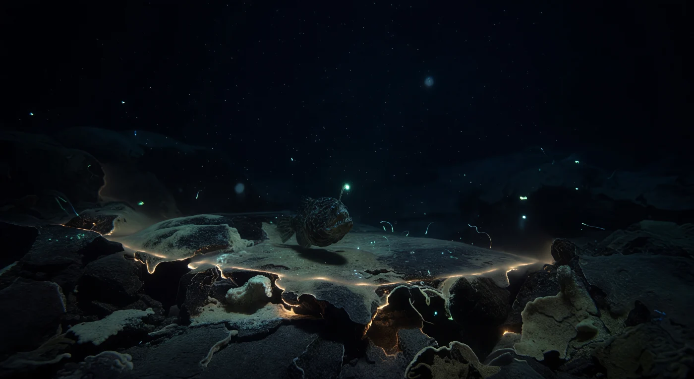 At the edge of a diffuse hydrothermal seep along a mid-ocean ridge, where mineral-laden warm water bleeds upward through fractured basalt at roughly 200 to 300 atmospheres of pressure, a small anglerfish holds its ambush position with absolute stillness in water near 2 °C. Its esca — the bioluminescent lure evolved through millions of years of selection in perpetual darkness — casts the only concentrated light in the scene, a blue-green point generated by symbiotic bacteria housed in specialized tissue, while sparse chemiluminescent pulses from vent-associated fauna and microbial mats add faint cyan halos across sulfur-pale mineral crusts and glassy basalt. Marine snow, the slow rain of organic particulates descending from the sunlit ocean more than a kilometer above, drifts freely through the water column, each flake a fragment of the biological pump connecting this lightless world to the surface biosphere. The thermal boundary where warm vent effluent meets near-freezing deep seawater creates a refractive shimmer — a chemocline visible in the slight distortion of background dark — concentrating prey drawn to elevated nutrients and microbial productivity at this narrow, predator-rich margin. Here, without witness, without season, the ocean's oldest predatory logic plays out in cold silence: patience, a single glowing lure, jaws barely parted, and the crushing dark pressing in from every side.