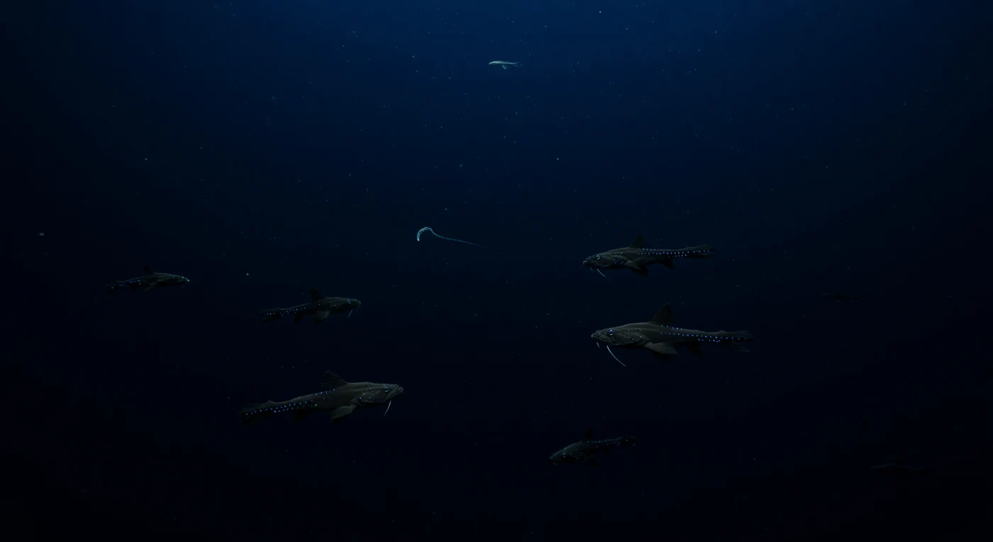 At 850–950 meters beneath the surface, the ocean has surrendered nearly all memory of sunlight, leaving only the faintest ancestral cobalt whisper far above — light reduced to a theoretical trace rather than a useful quantity, pressing down through hundreds of meters of cold, clear water until it dissolves entirely into black. Here, at pressures exceeding 90 atmospheres, the cold hovers near 4–6 °C, and the water column is so transparent that marine snow — fragile aggregates of organic detritus, mucus, and microscopic shells — drifts freely in all directions, each particle suspended in its own silence, undisturbed by any current stronger than the slow thermohaline drift. Through this void move the dragonfish, stomiid predators of extraordinary refinement: their bodies wrapped in chromatophore-dense black skin that absorbs virtually all incident photons, they become negative shapes, presences defined only by the rows of blue-green photophores stitching delicate ember-dotted constellations along their flanks and bellies — signals that may serve species recognition, counterillumination, or prey luring, depending on context and audience. The chin barbel hangs forward in the darkness, a patient lure trailing its own faint luminous tip into a world where every photon is both message and weapon, and where these animals have evolved over millions of years into creatures so perfectly adapted to absence that light itself, when they produce it, reads as something almost geological — brief, local, and utterly indifferent to any witness.