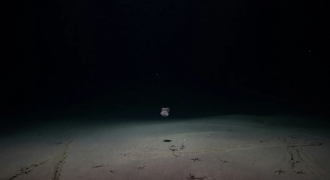 The lander camera rests almost flush with the sediment, its cold LED beam the only light that has touched this seafloor in geological memory, carving a pale circle out of absolute darkness at pressures exceeding 250 atmospheres. Through that narrow cone a dumbo octopus — *Grimpoteuthis* sp. — sculls silently overhead, its paired fins rippling in the unhurried, energy-conserving cadence typical of animals living perpetually on the edge of metabolic possibility, its mantle faintly translucent where the beam grazes the thin tissue adapted to a world where crushing hydrostatic pressure is simply the normal state of matter. The pale gray-brown sediment below it is a slow archive of the ocean above: fine terrigenous and biogenic particles that have drifted down through thousands of meters of open water, now inscribed with the meandering furrows of holothurian passage and punctuated by the splayed arms of brittle stars half-buried at the lit edge. Marine snow drifts lazily through the backscatter, each particle a remnant of surface productivity transformed by the time it reaches this cold, near-freezing stratum where bacterial decomposition barely outpaces deposition. Beyond the lander's reach the water column is featureless void save for an occasional cold blue-green bioluminescent flash — the only light these animals have ever produced or received entirely on their own terms.