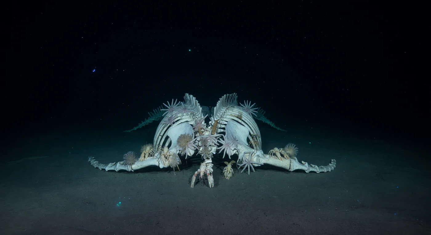A medida que el ROV avanza con cautela sobre el sedimento fino, sus focos fríos recortan del vacío absoluto una arquitectura ósea que nadie diría inerte: costillas y vértebras de ballena emergen del limo como las columnas de una catedral sumergida, el marfil desgastado captando la luz mientras los bordes se disuelven en una oscuridad que ningún fotón solar ha rozado jamás. A estas profundidades, donde la presión supera los 250 atmósferas y la temperatura ronda el umbral de congelación, la descomposición de un cetáceo puede sostener comunidades enteras durante décadas, pasando por etapas sucesivas hasta llegar a este estadio final en que el esqueleto mismo se convierte en sustrato vivo. Estrellas de mar brisingidas extienden sus largos brazos articulados sobre las costillas como si abrazaran los restos, anémonas pálidas colonizan cada vértebra disponible, y langostinos galatheidos —squat lobsters— se apostatan entre los huecos del armazón con una paciencia geológica, sus caparazones crema y rojo solo visibles allí donde el haz los alcanza. Más allá del cono de luz, el agua es pura negrura interrumpida apenas por destellos biológicos azul-verdosos que parpadean y se apagan sin explicación, recordando que la oscuridad aquí no está vacía sino poblada por organismos que han prescindido del sol y han hecho del frío, la presión y la química su único universo. El esqueleto, despojado de toda carne, sigue siendo el epicentro de la vida en un fondo que, sin él, sería una llanura de cieno absolutamente silenciosa.