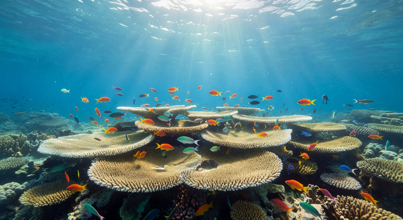 En las aguas someras de un arrecife tropical, la luz del sol desciende desde la superficie en rayos oblicuos que atraviesan una columna de agua de claridad excepcional, proyectando redes de cáusticas ondulantes sobre terrazas de corales tabulares cuyas amplias losas se superponen como doseles de piedra viva, inclinadas ligeramente unas sobre otras en un escalonamiento natural que puede abarcar varios metros de extensión horizontal. La presión aquí apenas supera la atmosférica y la temperatura ronda los 26–29 °C, condiciones que permiten a los corales escleractínicos —principalmente géneros como *Acropora* y *Montipora*— construir estas plataformas calcáreas captando al máximo la irradiancia solar para sus zooxantelas simbióticas, cuya fotosíntesis sustenta la productividad primaria de todo el ecosistema. Sobre las mesas coralinas, nubes de antecias (*Pseudanthias* spp.) flotan suspendidas en el azul en miles de cuerpos anaranjados y rosados que filtran el zooplancton transportado por la corriente, mientras los lábridos recorren los intersticios con destellos iridiscentes de verde y azul cobalto, aprovechando las sombras en encaje que cada placa proyecta sobre la siguiente. Finas partículas en suspensión —fragmentos de carbonato, agregados de materia orgánica, huevos y larvas a la deriva— pueblan toda la columna de agua, reveladas por la luz ambiental como una neblina viva que conecta visualmente el fondo coralino con el pelágico abierto que se extiende más allá del borde de la terraza. Este balcón arrecifal existe en sí mismo, sin testigos, pulsando con una productividad silenciosa que precede y excede cualquier observación humana.