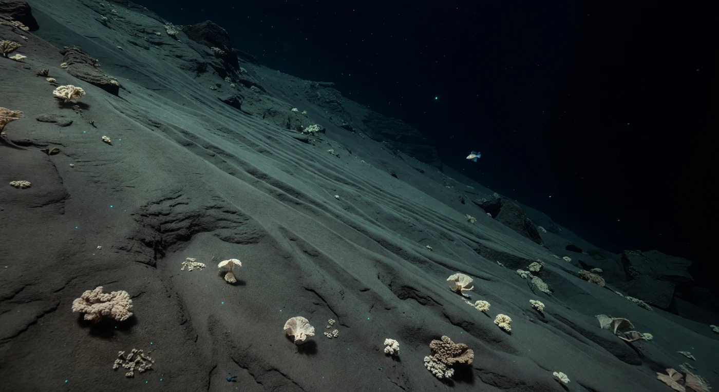 En las laderas de la fosa, donde la corteza oceánica se hunde bajo presiones que superan los 80 megapascales, un vasto talud de arcilla silícea gris oscuro desciende en diagonal hacia la oscuridad absoluta, surcado por largos surcos de erosión y drapeados de sedimento que traicionan la historia de deslizamientos lentos y colapsos gravitacionales acumulados durante milenios. Dispersas sobre los bolsillos de sedimento compactado, las xenofiófroras —los foraminíferos gigantes más grandes conocidos en la Tierra— se elevan como rosetas y encajes pálidos anclados a la superficie, organismos unicelulares capaces de concentrar metales pesados en sus estructuras aglutinadas, testimonio silencioso de una bioquímica adaptada a lo que sería letal para casi cualquier otro ser. En la columna de agua, apenas unos puntos de bioluminiscencia azul-verde flotan libremente en la negrura, destellos fugaces de organismos que se comunican, defienden o cazan a través del único lenguaje lumínico posible en este mundo permanentemente áfotico, mientras una fina capa nefelóide desliza sobre los surcos más bajos con su carga de nieve marina y partículas resuspendidas. A media distancia, casi indistinguible del fondo, un pez caracol hadal —Pseudoliparis o pariente cercano, el vertebrado más profundo conocido— suspende su cuerpo translúcido y blando sobre el talud, sin vejiga natatoria, con enzimas y membranas celulares rediseñadas por la evolución para funcionar bajo presiones que comprimirían cualquier estructura convencional, su pequeña silueta otorgando escala a la inmensidad de un descenso que continúa hacia el eje de la fosa, donde la oscuridad se vuelve aún más completa y el silencio, aún más antiguo.