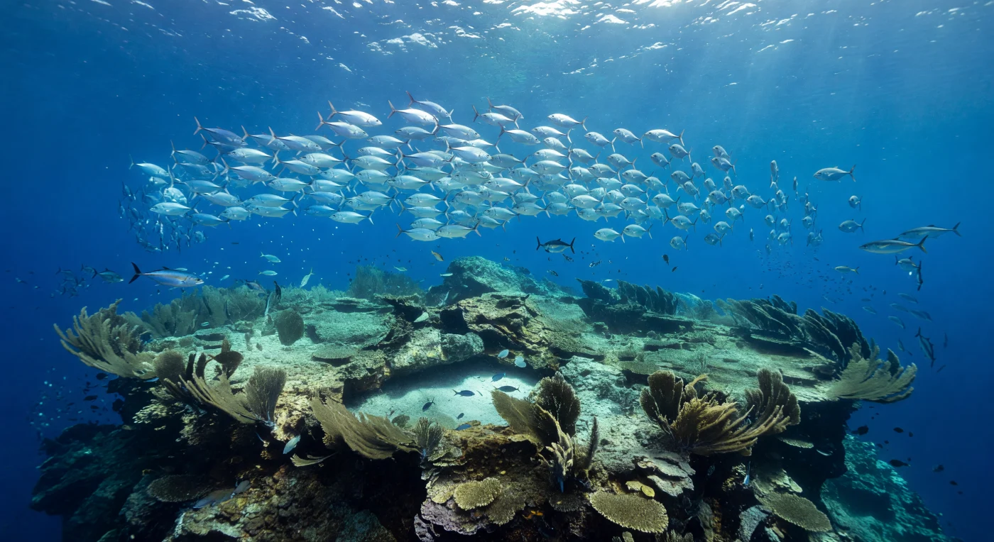 En las aguas abiertas del océano, lejos de cualquier costa, la cima de una montaña submarina emerge como un oasis de roca volcánica barrida por la corriente, donde la vida se condensa en una densidad difícil de imaginar. A varios metros por encima del plateau basáltico, una masa compacta de carángidos gira en sincronía perfecta, y cuando el banco vira en bloque, paneles enteros destellan plateados bajo la luz solar que desciende en rayos largos y oblicuos a través de una columna de agua excepcionalmente transparente, para luego disolverse en la traslucidez azul-verde como si la escuela entera se evaporara. El plateau mismo es un mosaico de ledges fracturados, afloramientos de basalto y carbonato barridos por la corriente, manchas de arena pálida entre las rocas y costras de algas calcáreas que tiñen la piedra de rosa y blanco; en el borde expuesto al flujo, los gorgonios se extienden horizontalmente como abanicos desplegados, mientras que más abajo, donde el capuchón cae en vertical hacia el azul ultramarino profundo, los corales negros se aferran a la pared en la penumbra creciente. En el margen exterior del banco de carángidos, atunes de cuerpo fusiforme cortan a velocidad en una pasada de caza, y todo el sistema —plancton suspendido en la columna, peces pequeños que centellean alrededor de las estructuras, depredadores que patrullan el perímetro— existe gracias al efecto oasis de esta prominencia volcánica, que concentra el flujo oceánico, eleva nutrientes desde aguas más profundas y convierte un punto aislado de sustrato duro en uno de los ecosistemas más productivos del océano abierto.