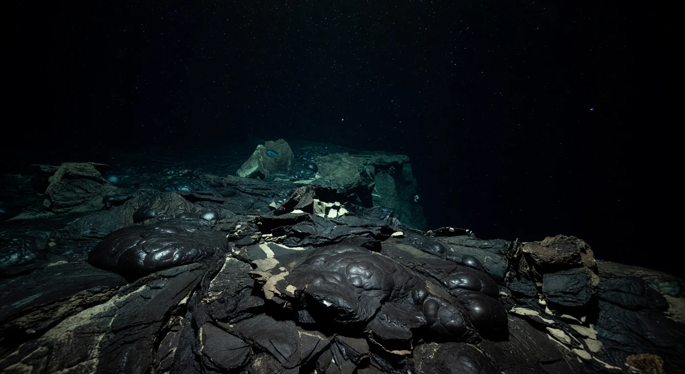 El ROV avanza despacio sobre una cresta volcánica recién nacida, sus LEDs fríos cortando apenas unos metros de oscuridad absoluta antes de que la luz se rinda al vacío. Bajo los propulsores, los lóbulos de basalto almohadillado se apilan unos sobre otros como vejigas negras congeladas en el instante mismo de enfriarse: el vidrio volcánico aún conserva su brillo metálico, las grietas de colapso abren bocas afiladas y una nieve marina finísima se deposita en cada pliegue del fondo, traicionando cuán reciente fue la erupción. A esta profundidad la presión supera los doscientos atmósferas y el agua roza el punto de congelación sin cruzarlo, creando un ambiente donde los procesos geológicos y biológicos parecen suspendidos en una quietud engañosa. La dorsal mesoceánica bajo el ROV es la cicatriz donde dos placas litosféricas se separan a razón de centímetros por año, y este tramo de basalto casi sin sedimento es prueba directa de ese pulso tectónico que renueva el fondo oceánico desde dentro. Más allá del cono de luz, el terreno cae en vertical hacia la oscuridad completa, y solo un destello azul-verde parpadeante —quizás un ctenóforo, quizás algo sin nombre— recuerda que hay vida ahí afuera, sostenida sin una sola fotón de sol.