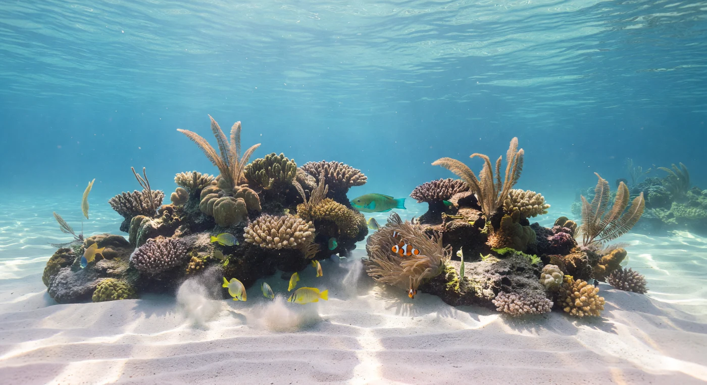 En el borde de un arrecife de coral tropical, a pocos metros bajo la superficie, la arena blanca de carbonato se ondula en crestas finas esculpidas por la corriente, y sobre ella danzan incesantes redes de causticas luminosas que el sol proyecta a través de una superficie en constante movimiento. Las colonias masivas y los pequeños ramales de coral forman bommies dispersos en el margen del arrecife, sus texturas salpicadas por bandas de sombra azul-verdosa y por los pólipos apenas visibles en las caras más resguardadas; gorgonias delgadas se inclinan suavemente en la corriente, mientras esponjas incrustantes taponizan los intersticios y una anémona retiene entre sus tentáculos a un par de peces payaso en simbiosis perfecta. Los peces loro recorren los cabezos de coral fragmentando carbonato con sus mandíbulas fusionadas —proceso fundamental en el ciclo geoquímico del arrecife—, y varios salmonetes amarillos rastrean el fondo con sus barbillas quimiosensoras, levantando penachos de sedimento que se disuelven lentamente en la columna de agua turquesa. A esta profundidad, la presión roza las dos atmósferas y la temperatura se mantiene entre los 26 y los 28 °C, condiciones que sostienen la simbiosis entre el coral y sus zooxantelas dinoflageladas, organismos fotosintéticos cuya productividad primaria alimenta toda la densidad biológica de este ecosistema bentónico, uno de los más diversos del planeta, que existe y pulsa en silencio absoluto, sin testigo alguno.