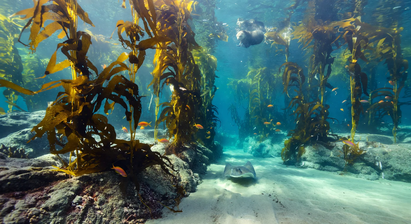 En las aguas templadas de la costa californiana, entre seis y veinticinco metros de profundidad, el bosque de kelp gigante —*Macrocystis pyrifera*— emerge del arrecife rocoso como una catedral líquida de estipes bronceados y palas de un verde oliva profundo, sus pneumatocistos perlados manteniéndolo erguido hacia la superficie donde la luz solar se fractura en rayos dios que descienden entre los doseles flotantes. La transición es abrupta e inequívoca: a un lado, la arquitectura densa y estratificada del bosque, con sus holdfasts aferrados a la piedra coralina y sus columnas verticales habitadas por garibaldis anaranjados que puntúan la penumbra verde como ascuas; al otro, una llanura de arena pálida y rizada donde la luz llega sin obstáculos, dibujando cáusticas en perpetuo movimiento sobre los primeros granos del fondo. Una raya murciélago de cuerpo circular —*Myliobatis californica*— desliza su silueta exactamente sobre esa frontera, dejando un surco suave en el sedimento que la corriente borra con lentitud, huella efímera de un animal que navega entre dos mundos sin que ningún ojo humano lo atestigüe. En la superficie del dosel, un nutria marina descansa envuelta en frondas, mientras partículas orgánicas en suspensión y destellos de plancton flotan libremente en el agua oxigenada y cristalina, evidencia silenciosa de la productividad extraordinaria de un ecosistema que existe, respira y se transforma completamente al margen de nuestra presencia.