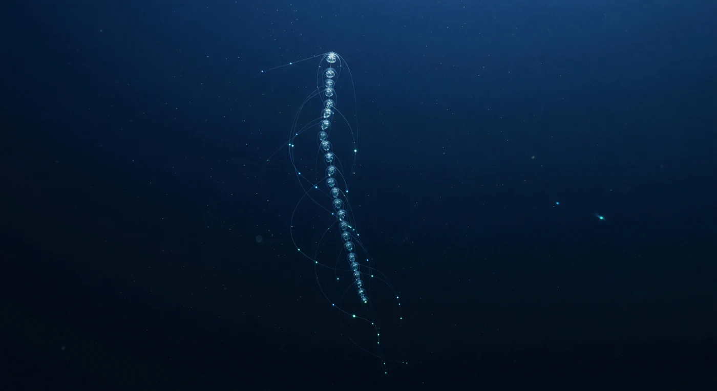 En la zona crepuscular del océano abierto, entre los doscientos y los mil metros de profundidad, la luz solar se convierte en una memoria azul cobalto que apenas atraviesa la columna de agua: suficiente para guiar la migración vertical de millones de organismos, insuficiente para sostener la fotosíntesis. En este reino de presiones que superan los veinte atmósferas, una sifonófora de cadena cristalina desciende casi vertical en el pelágico, colonia de zooides especializados unidos en un único superorganismo gelatinoso cuya longitud puede superar los diez metros; sus tejidos, prácticamente invisibles contra el azul circundante, se revelan sólo donde el escaso ambiente luminoso roza sus bordes hialinos y donde pulsos turquesa propios recorren la cadena en cascadas de fotones biogénicos. Los filamentos urticantes se extienden en arcos capilares hacia el agua circundante, intermitentemente delatados por destellos azul-verdosos que el organismo produce mediante reacciones de luciferina-luciferasa, una trampa luminosa tendida en la oscuridad para atraer y paralizar a pequeños crustáceos y peces. A su alrededor, nieve marina —fragmentos de materia orgánica descendente, exuvias y heces— deriva en suspensión silenciosa, y en la distancia media, puntos aislados de bioluminiscencia marcan la presencia de otros habitantes mesopelágicos: peces linterna, eufáusidos, medusas, toda una comunidad que prospera en la penumbra sin que ningún ojo humano sea necesario para que exista.