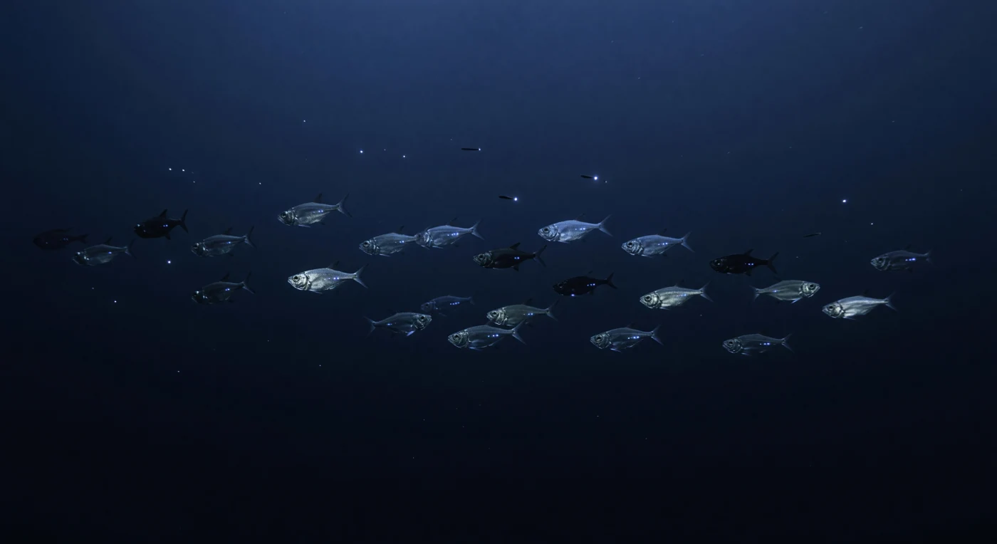 En las profundidades donde la luz del sol agoniza antes de extinguirse por completo, a entre trescientos y cuatrocientos cincuenta metros bajo la superficie, una constelación silenciosa de peces hacha se suspende en la columna de agua abierta, sus cuerpos extraordinariamente comprimidos lateralmente como láminas de metal pulido. La luz que desciende desde arriba es monocromática y exhaustamente atenuada, un azul cobalto casi espectral que convierte a estos peces en fantasmas ópticos: la mayoría de sus flancos plateados se funden con el agua circundante hasta que un giro imperceptible produce un destello frío y metálico que dura apenas un instante antes de desvanecerse de nuevo en la penumbra. A lo largo de sus vientres, hileras de fotóforos diminutos emiten una contraluminiscencia azul-blanca de una delicadeza extrema, una adaptación evolutiva que cancela la sombra proyectada hacia abajo y los hace invisibles para los depredadores que acechan desde las profundidades negras inferiores, donde la presión supera ya los cuarenta atmósferas. Copos de nieve marina —restos orgánicos que derivan lentamente desde el mundo iluminado— flotan entre los individuos como partículas de un universo en suspensión, mientras que en el fondo del encuadre el azul se disuelve en una oscuridad sin fondo donde ninguna luz solar alcanzará jamás, y el océano continúa existiendo, denso, frío y absolutamente ajeno a cualquier presencia.