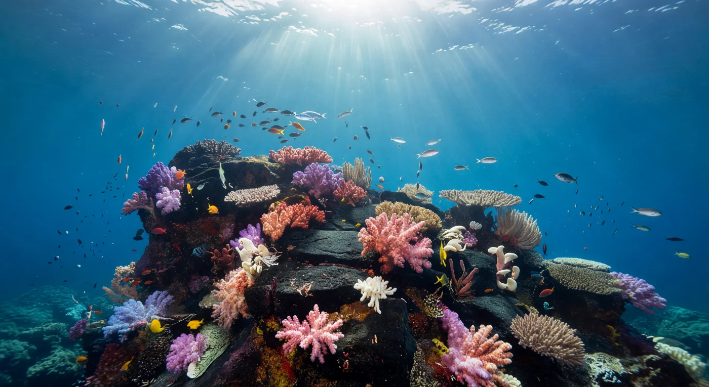 En la cara de barlovento de una montura submarina volcánica, la roca basáltica oscura asciende de forma irregular desde las profundidades, completamente cubierta de corales blandos y abanicos de gorgonias que se inclinan en bloque hacia la corriente, como si obedecieran a una fuerza invisible y constante. La luz solar penetra desde la superficie en rayos amplios y oblicuos, proyectando cáusticas ondulantes sobre las superficies más elevadas del arrecife y bañando la columna de agua en una luminosidad azul turquesa que va intensificándose con la distancia hasta convertirse en un cobalto profundo e insonoro. A esta profundidad —entre veinte y treinta metros, donde la presión ya supera los tres atmósferas— el fitoplancton alcanza su máxima productividad dentro de la zona eufótica, y enjambres de peces planctívoros —chromis, anthias, cardúmenes de pequeñas especies plateadas— se mantienen suspendidos contra la corriente con una precisión hidrodinámica exquisita, aprovechando el afloramiento que rodea el monte submarino para alimentarse de la lluvia de zooplancton arrastrado hacia arriba. Los pólipos de los corales blandos, en rosa, naranja, escarlata y lavanda, están completamente extendidos, sus tentáculos filiformes capturando partículas en suspensión a la deriva en un flujo que nunca cesa, en un mundo que existe con absoluta indiferencia hacia cualquier observador.