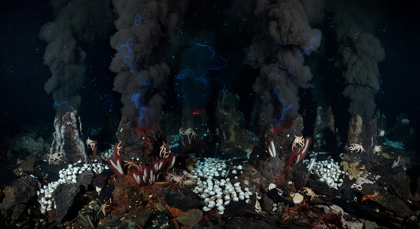 En las profundidades de la dorsal mesoceánica, donde la presión supera los 250 atmósferas y la oscuridad es absoluta, chimeneas hidrotermales de sulfuro se elevan como catedrales minerales desde el basalto fracturado, exhalando penachos negros a 350 °C que ascienden en volutas turbulentas hacia el agua medianoche. No existe aquí ninguna luz solar —el último fotón del sol se extinguió kilómetros arriba—, y sin embargo el campo no es del todo oscuro: una quimioluminiscencia cobrizo-azulada traza los remolinos cálidos alrededor de los penacos, mientras películas microbianas y organismos quimiosintéticos desprenden destellos discretos de cian y verde, y las grietas del basalto más reciente irradian un suave resplandor anaranjado de calor vivo. En la base de las espiras, lechos de almejas blancas —Calyptogena y sus parientes— taponizan el sustrato como porcelana dispersa, sustentadas no por la fotosíntesis sino por bacterias simbiontes que oxidan sulfuro de hidrógeno en energía química, uno de los ecosistemas más independientes del sol que se conocen sobre la Tierra. Cangrejos yeti de pelaje blanco fantasmal se aferran a las repisas tibias, agitando sus quelas cubiertas de setas donde prospera otro consorcio microbiano, mientras tubos pálidos de Riftia pachyptila emergen de las grietas en silencio, sosteniendo en su interior millones de células quimioautotróficas que convierten este desierto mineral y oscuro en uno de los oasis de mayor densidad biológica del planeta.