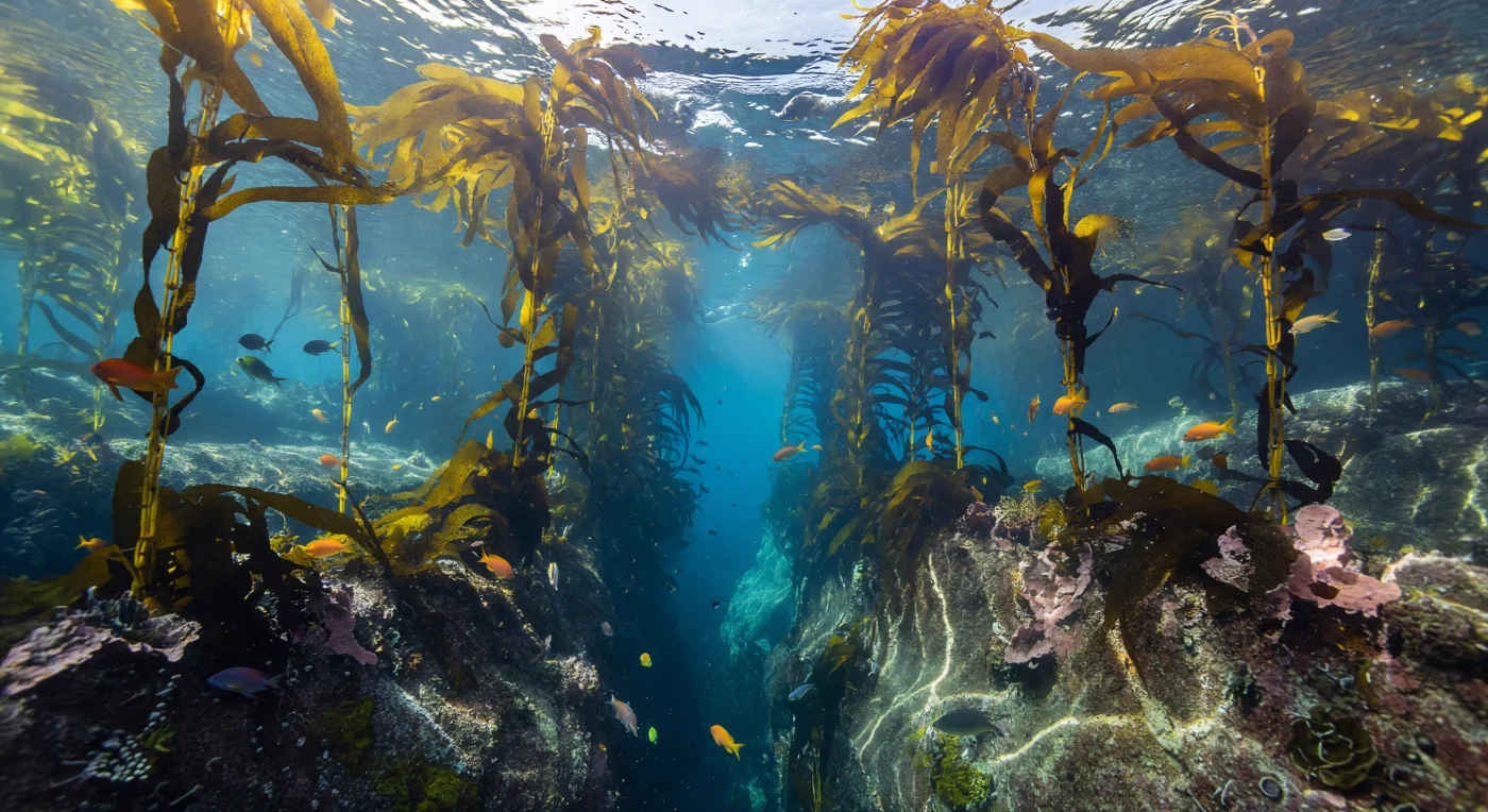En un canal excavado por el tiempo en la roca madre costera, el oleaje del Pacífico entra canalizado y convierte este corredor geológico en un espacio de arquitectura viva: los largos estipes de *Macrocystis pyrifera* se elevan desde los holdfasts anclados en el sustrato, a profundidades de entre seis y veinticinco metros, y sus frondes de oro bruñido se arquean al unísono con cada pulso de surgencia, formando una bóveda líquida que filtra la luz solar en cintas cáusticas que barren velozmente las paredes de basalto. La coralina incrustante —*Lithothamnion* y géneros afines— tapiza esas paredes con una película rosada y calcárea que contrasta con los tapetes oliva del sotobosque algal, mientras partículas finas suspendidas en el agua azul-verdosa revelan la profundidad de la columna sin necesitar más iluminación que el sol que penetra desde la superficie rizada. La presión aquí, apenas dos o tres atmósferas, es casi anecdótica comparada con la energía mecánica del oleaje, fuerza que gobierna este ecosistema mucho más que cualquier gradiente batimétrico. Garibaldis anaranjados —*Hypsypops rubicundus*, los únicos peces marinos protegidos por ley en California— flotan junto a las grietas con la parsimonia de quien no teme depredador alguno, mientras nutrias marinas derivan perezosamente bajo el dosel plateado, y el bosque entero, oxigenado y frío, pulsa en silencio con una existencia que antecede y trasciende cualquier mirada.
