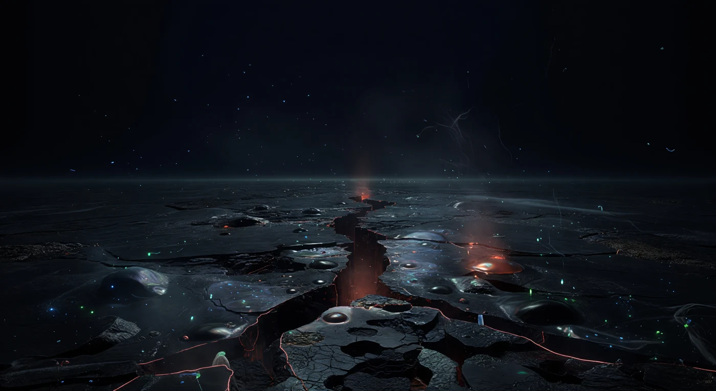 En las profundidades del eje de la dorsal oceánica, a más de dos mil quinientos metros bajo la superficie, una fisura eruptiva atraviesa la llanura volcánica como una herida reciente en la corteza terrestre, revelando el interior fundido del planeta en tiempo real. Los bordes de la grieta emiten un tenue resplandor anaranjado-rojizo, la firma térmica del basalto recién extruido que aún no ha terminado de solidificarse en vidrio volcánico negro y brillante, mientras las placas de corteza adyacentes se arquean y colapsan hacia adentro bajo el empuje de la presión litostática y el peso de tres kilómetros de columna de agua —más de trescientas atmósferas aplastando cada centímetro de roca nueva. Fluidos hidrotermales difusos, cargados de azufre y metano, ascienden en volutas traslúcidas a través de microfracturas en la superficie basáltica, creando una turbulencia química invisible que sustenta películas microbianas quimioautótrofas, las primeras colonizadoras de cualquier terreno volcánico recién nacido en el océano profundo. A los márgenes del calor, organismos adaptados a las condiciones más extremas de presión y temperatura emiten destellos de bioluminiscencia cyan y verde pálido, puntitos de luz biológica suspendidos en un agua absolutamente negra donde nunca ha llegado un fotón solar, mientras la nieve marina desciende lentamente sobre la roca todavía caliente. Este lugar no espera ser descubierto: existe, se construye y se destruye en una oscuridad total y perfecta, añadiendo kilómetros cuadrados de corteza nueva al fondo del océano mientras el planeta continúa su lenta respiración tectónica.