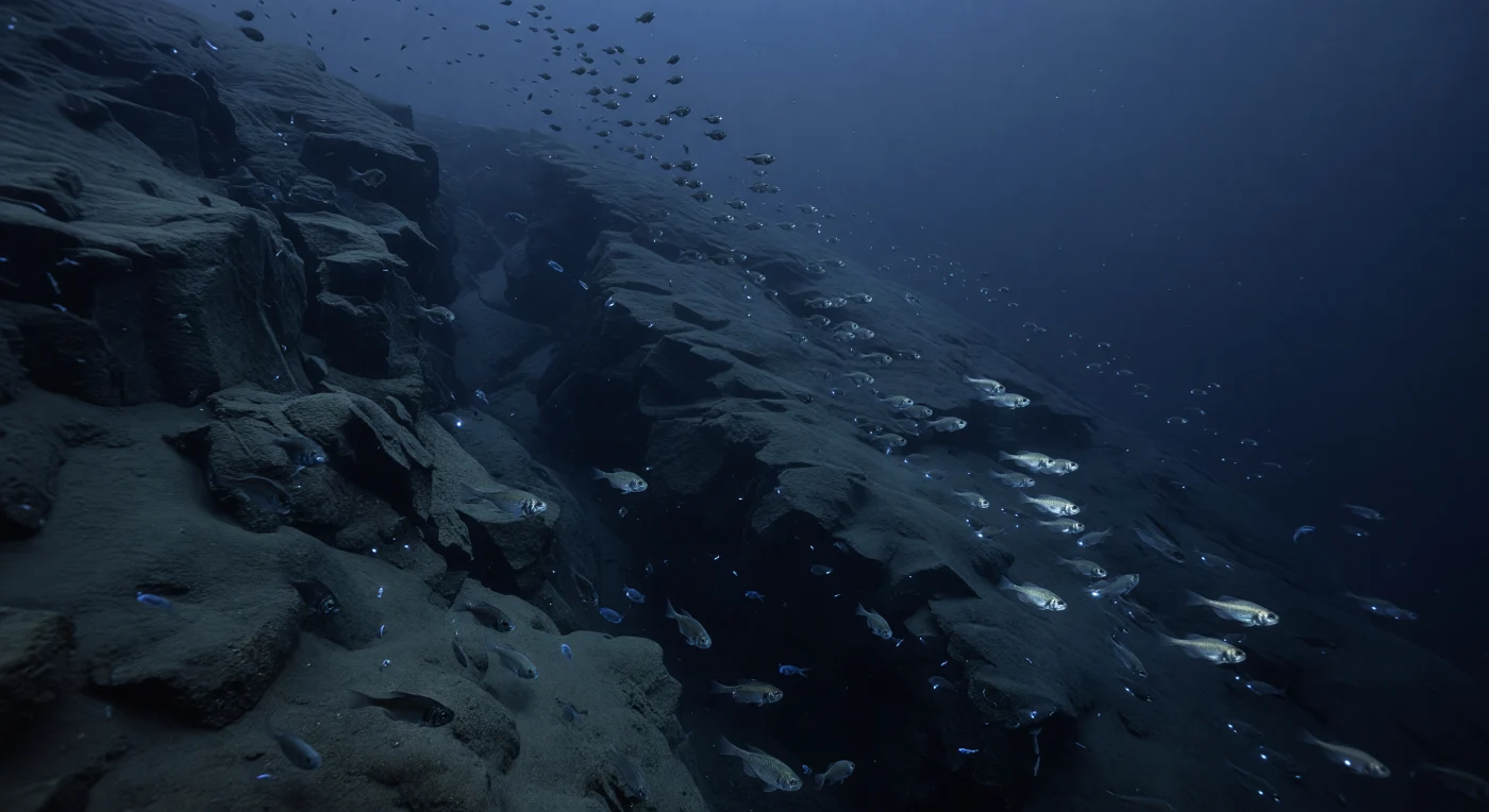 En la penumbra fría de los 430 metros, la ladera continental emerge como una pared fracturada de roca y sedimento que asciende en diagonal hacia lo que ya no puede llamarse luz, sino tan solo una memoria azul ultravioleta que se filtra desde la superficie distante a través de cientos de metros de agua. A esa presión —más de 43 atmósferas— el agua es transparente y silenciosa, cargada de nieve marina que desciende sin rumbo, y el relieve del talud domina el espacio con la autoridad de una cordillera sumergida, con canalillos y barrancos esculpidos por corrientes de contorno y flujos gravitacionales de sedimento que han modelado esta pendiente durante milenios. Por la columna de agua que se abre hacia el azul índigo de la derecha asciende una corriente viva: cientos de mictófidos —peces linterna del género *Myctophum* y géneros afines— trepan en formación laxa siguiendo el contorno batimétrico, sus flancos plateados y translúcidos captando los últimos fotones descendentes como destellos gris-azulados, mientras sus fotóforos ventrales comienzan a encenderse en puntos de cianuro frío, activando la bioluminiscencia como preparación para la migración vertical nocturna que los llevará pronto hacia aguas más superficiales. Este ciclo diario de ascenso y descenso de los mictófidos constituye una de las mayores transferencias de carbono orgánico del océano, un pulso biológico invisible que conecta la zona fótica con las profundidades, ejecutado aquí en una oscuridad casi absoluta, sin testigos, en un mundo que existe y funciona plenamente al margen de cualquier presencia humana.