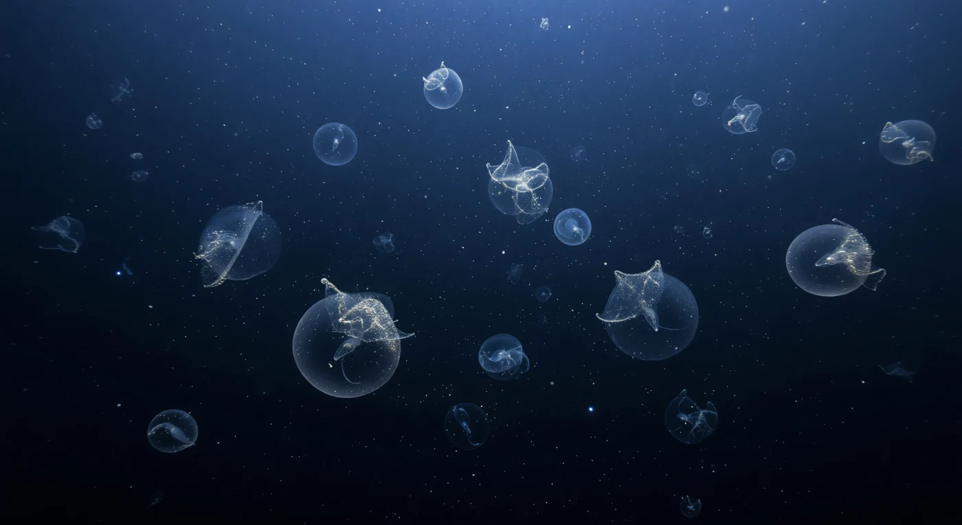 En las profundidades a las que todavía llega un último vestigio de luz azul cobalto, transformándose lentamente en negro antes de extinguirse por completo, las oikopleuridas gigantes —larváceas del género *Bathochordaeus*— construyen algunas de las estructuras más efímeras y extraordinarias del océano: enormes casas mucosas que pueden superar veinte centímetros de diámetro, ensambladas desde el interior por cuerpos transparentes de apenas unos milímetros, casi invisibles dentro de su propia obra. Estas esferas gelatinosas, suspendidas en la columna de agua a presiones de treinta a cincuenta atmósferas, funcionan como trampas de filtración ultrafinas, atrapando partículas de nieve marina, microplancton y detritos que van trazando con suavidad los contornos de membranas que de otro modo serían invisibles, revelando su arquitectura concéntrica solo por la acumulación de lo que capturan. Cuando la larváceas abandona su casa —colmatada o dañada— la estructura cae lentamente hacia el fondo convirtiéndose en un paquete de materia orgánica densa, uno de los vectores más importantes de carbono que descienden desde la zona fótica hacia las profundidades, un proceso conocido como bomba biológica de carbono. En esta constelación de esferas mucosas que deriva en silencio, cada globo es a la vez refugio, trampa, órgano respiratorio y eventual ofrenda al abismo; un universo construido y desechado una y otra vez, sin testigos, en la oscuridad que precede a la noche permanente.