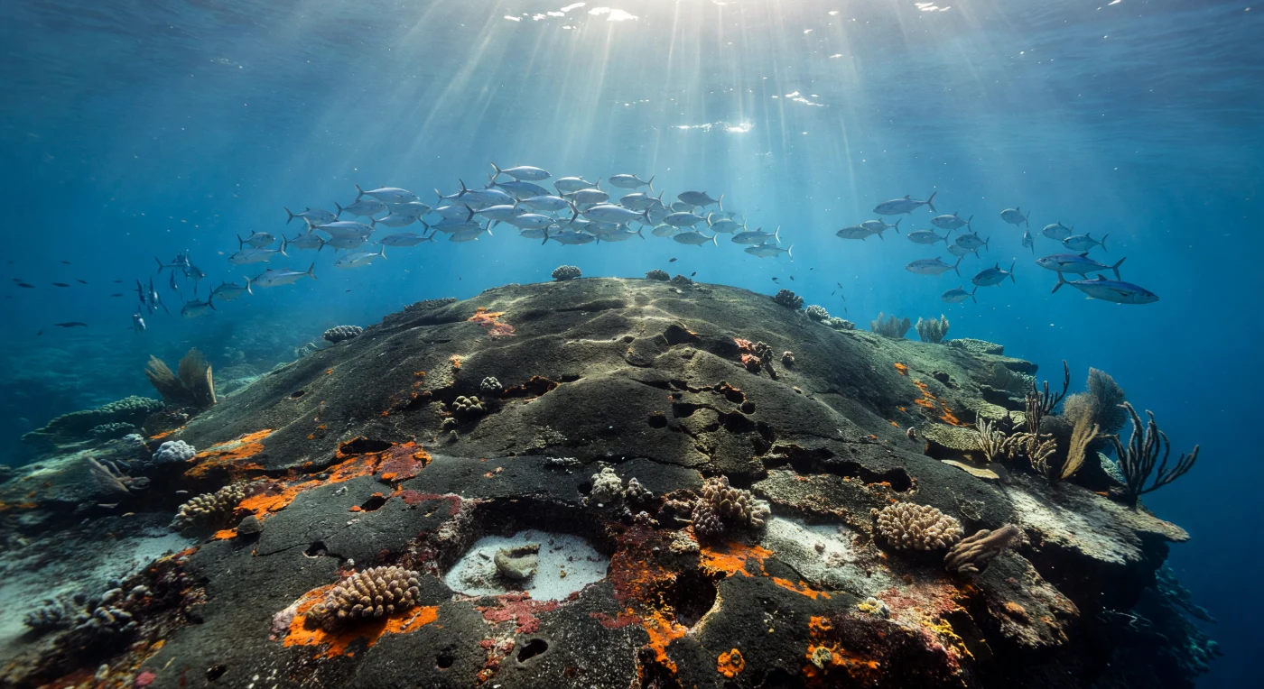 En las latitudes donde la plataforma oceánica se hunde lejos de cualquier costa, ciertos volcanes submarinos ascienden desde las profundidades hasta rozar la zona iluminada, y sus cimas basálticas actúan como enclaves de vida suspendidos en mar abierto. Aquí, a plena luz solar del mediodía, los rayos descienden en escalones de claridad a través de una columna de agua excepcionalmente transparente, dibujando cáusticas móviles sobre la roca volcánica oscura y punteada de la cumbre, donde costras encarnadas de organismos incrustantes y pequeños nódulos coralinos colonizan cada grieta disponible. La corriente que barre continuamente este promontorio elevaría nutrientes desde estratos más profundos mediante bombeo mareal y mezcla topográfica, concentrando zooplancton y pequeños peces pelágicos justo sobre el relieve, lo que convierte la cumbre en un punto de confluencia inevitable para predadores de alta mar: cardúmenes de jureles plateados giran en espirales apretadas reflejando el sol como fragmentos de espejo, mientras túnidos de cuerpo fusiforme atraviesan en pasadas de caza el azul cobalto que se abre más allá del borde abrupto donde la roca cae hacia aguas sin fondo visible. En el reborde más profundo de la cima, ramas de gorgonias y coral negro se inclinan dócilmente hacia la corriente dominante, testimoniando la dirección del flujo que alimenta este oasis oceánico silencioso, un mundo completo que existe y pulsa con absoluta indiferencia hacia cualquier observador.