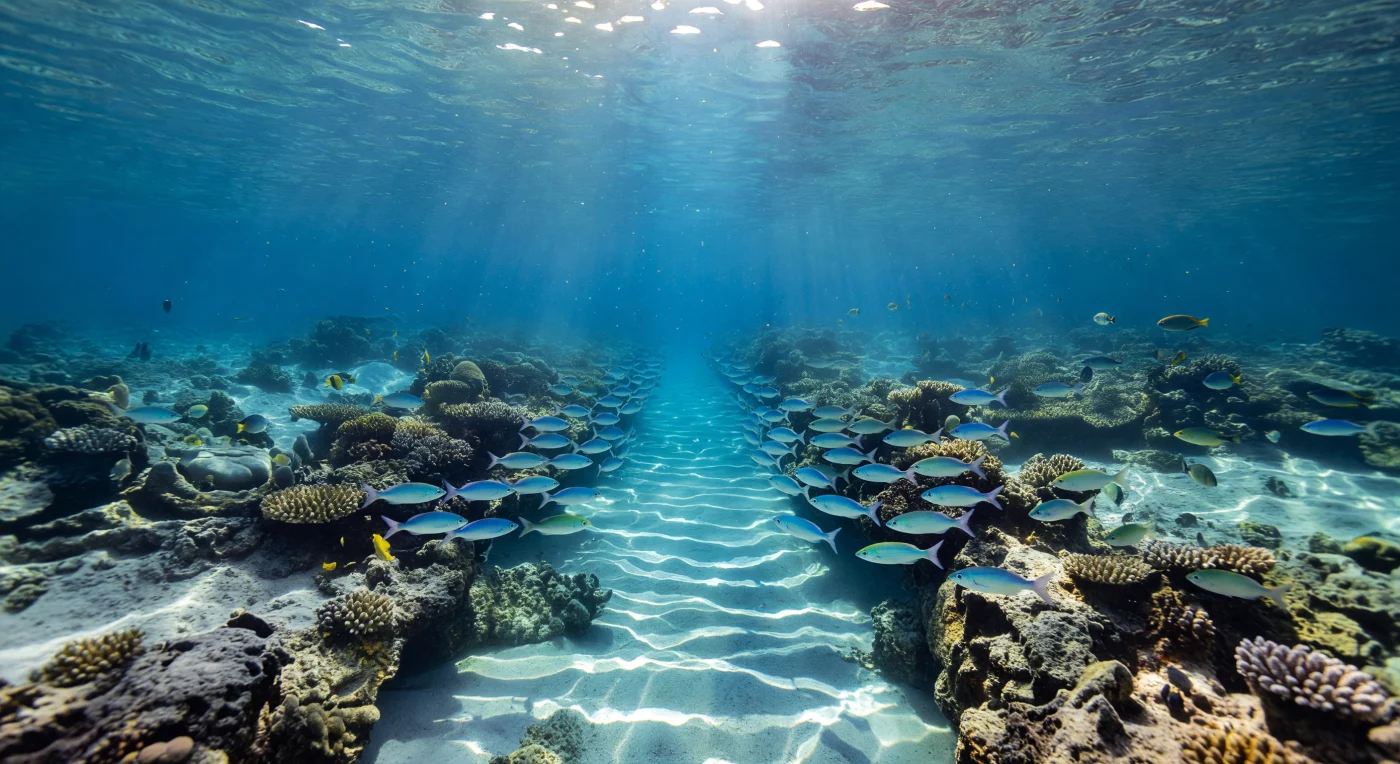 En el corazón de un paso arrecifal tropical, el agua no fluye sino que se lanza —un río de mar encajonado entre crestas de coral ramificado y caliza coralina que emerge de la plataforma como una arquitectura viva, tallada por siglos de corriente y calcificación. La luz solar del mediodía penetra directamente desde la superficie ondulada en lo alto, descomponiéndose en rayos de dios que bajan en franjas diagonales y en patrones de cáustica que danzan incesantemente sobre las cabezas de coral, el fondo arenoso y los lomos de los peces, proyectando sombras que se mueven más rápido que cualquier nube. Un banco compacto de fusileros —*Caesio* sp.— mantiene posición con precisión hidrodinámica frente a la corriente, sus flancos plateados y azulados capturando destellos de luz ambiental en sincronía perfecta, mientras partículas de plancton y materia orgánica suspendida derivan como polvo luminoso a través de la columna de agua en un transporte pasivo que alimenta ecosistemas enteros aguas abajo. A esta profundidad somera, la presión supera apenas las dos atmósferas y el sol aún gobierna con autoridad absoluta sobre la fotosíntesis arrecifal, la temperatura y la química del agua; el oxígeno es abundante, la visibilidad extraordinaria, y todo el sistema —coral, pez, corriente, luz— pulsa con la energía de un océano que existe para sí mismo, indiferente y completo.