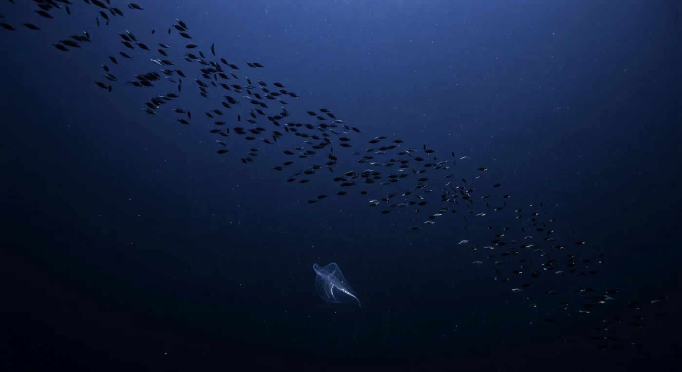 En la columna de agua sobre la pendiente continental, a una profundidad donde la presión supera las cincuenta atmósferas y la temperatura ronda los seis u ocho grados centígrados, un velo oblicuo de peces linterna —*Myctophidae* en migración vertical diel— atraviesa el volumen azul como una cortina de polvo vivo, sus cuerpos oscuros estratificados por el cizallamiento de ondas internas en cintas más densas que se deshilachan en constelaciones dispersas hacia los bordes, con destellos plateados fugaces allí donde los fotóforos ventrales capturan el último residuo de la luz descendente que se filtra desde cientos de metros más arriba. Debajo de esta capa de dispersión, casi invisible en la penumbra cobalto que se disuelve en negro, un único ctenóforo *Bathocyroe fosteri* suspende su cuerpo gelatinoso de varios centímetros, compuesto casi en su totalidad de agua de mar, perfectamente isobárico en un océano que no exige esqueleto alguno a quien asuma su misma densidad. A lo largo de sus hileras de paletas ciliares —los peines locomotores que definen al filo Ctenophora— surgen hilos iridiscentes de arco iris espectral, no luz producida sino difracción física de la débil iluminación ambiental que aún logra descender hasta aquí, una firma óptica tan delicada que basta el más leve cambio en el ángulo de incidencia para hacerla desvanecer. La nieve marina cae en silencio alrededor de ambos organismos, partículas orgánicas que descienden lentamente hacia el fondo como un registro continuo de todo lo que vivió y murió en la zona fótica, mientras el espacio tridimensional que los rodea se extiende en todas direcciones sin límite aparente, habitado y silencioso, indiferente a cualquier mirada.