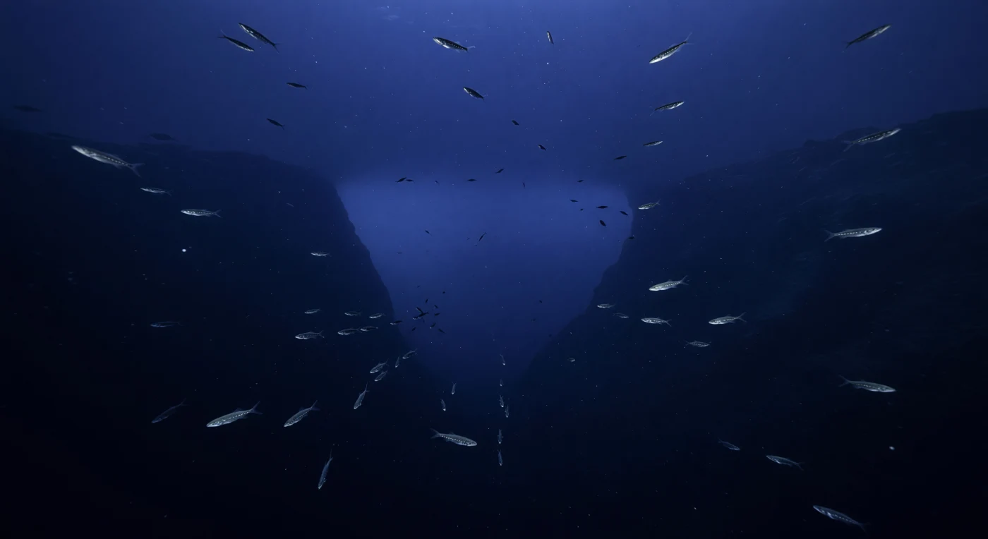 En la boca de este cañón submarino, a profundidades entre los 350 y 500 metros, la geometría de la roca se intuye más que se ve: una cuña de oscuridad más densa que se abre hacia el interior de la columna de agua, con flancos que se disuelven en un azul cobalto casi negro antes de que la mirada pueda seguirlos. La luz solar residual llega aquí apenas como un techo frío y difuso muy por encima, suficiente para separar masas de agua y hacer perceptible la escala del cañón, pero incapaz de iluminar nada; a estas profundidades la presión supera los 40 atmósferas y la temperatura ronda los 4 a 6 grados centígrados, condiciones que modelan cada adaptación de los organismos que aquí viven. Desde el interior del cañón, donde las corrientes de fondo canalizan y concentran la deriva pelágica, fluyen hacia mar abierto cintas ondulantes de peces linterna —myctófidos— con los flancos plateados captando destellos fugaces del último azul disponible y sus filas de fotóforos ventrales emitiendo una bioluminiscencia tenue y ordenada, táctica de contrasombra que los vuelve casi invisibles desde abajo contra el débil resplandor superior. A través de toda la columna desciende lentamente nieve marina, partículas orgánicas que transportan carbono desde la superficie hacia las profundidades en un flujo silencioso e ininterrumpido, mientras destellos de bioluminiscencia puntual aparecen y se apagan en la oscuridad más densa del fondo del cañón, señales de un mundo que lleva millones de años existiendo en perfecta ausencia de toda observación.