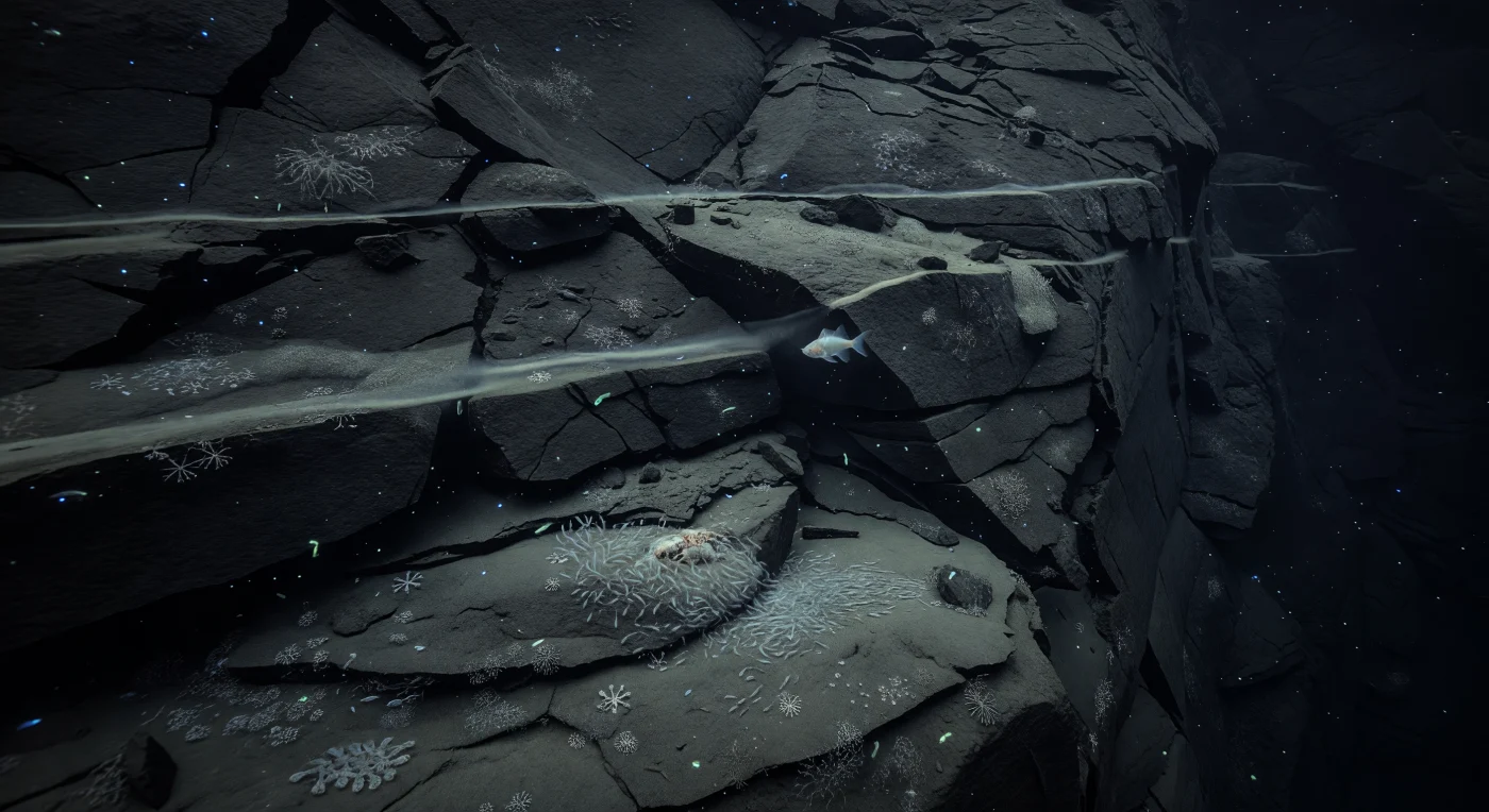 En las profundidades donde la corteza oceánica se quiebra y se hunde bajo su propio peso, un escarpe de falla casi vertical de roca negra y compacta desciende sin interrupción hacia la oscuridad total, su cara fracturada en cornisas estrechas, grietas de extensión y acumulaciones de talud donde delgadas cintas de barro gris se adhieren como vendajes sobre la roca. A presiones que superan los 600 atmósferas, la columna de agua no está vacía sino atravesada por una llovizna silenciosa de nieve marina —partículas orgánicas que descienden lentamente— y por una fina capa nefeloides que flota sobre los sedimentos de las repisas, todo ello en una temperatura cercana a los 2 °C que mantiene la química del agua en un equilibrio frío y antiguo. Campos de xenofóforos pálidos, estructuras aglutinadoras de tamaño singular construidas por protistas gigantes que toleran presiones extremas, se despliegan como encaje frágil sobre los parches de sedimento más blando, mientras que en un banco protegido una pequeña carroña ha convocado una densa congregación de anfípodos hadales —crustáceos translúcidos, especializados y voraces— que cubren el sustrato formando una textura viva y agitada sobre el limo gris. Salpicando las hondonadas de la pared, destellos azul-frío de crustáceos a la deriva y fugaces flashes cian-verde de organismos pelágicos diminutos trazan brevemente la geometría de los barrancos y el perfil de las cornisas, únicos puntos de luz en un mundo que existe, intacto y sin testigos, en su propia oscuridad primordial.