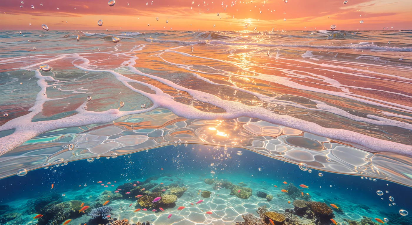 Flotando en la interfaz exacta entre el cielo ardiente y el océano tropical, el snorkelista experimenta uno de los fenómenos más dinámicos e íntimos del sistema marino: la microcapa superficial del mar, donde láminas surfactantes ricas en materia orgánica disuelta —polisacáridos, proteínas y lípidos secretados por fitoplancton y bacterias— se concentran hasta formar balsas perladas que los vientos alisios modelan en windrows diagonales, esas líneas de convergencia de Langmuir donde la circulación helicoidal de células gemelas acumula espuma y organismos en franjas paralelas al viento. Desde la mitad sumergida de la máscara, el techo de plata rota de la superficie se fragmenta en polígonos de reflexión total interna —la ventana de Snell— mientras redes cáusticas de luz proyectada por el sol rasante a escasos grados del horizonte danzan sobre las cabezas de coral y el borde del talud del atolón a menos de un metro de profundidad, donde la presión supera apenas en fracciones de atmósfera la presión atmosférica y las burbujas subsuperficiales mantienen tamaños que modulan la velocidad del sonido local y la transferencia de gases, especialmente CO₂ y O₂. Los anthias —pequeños serránidos de la familia Serranidae— centellean en destellos naranja-rosados sobre los corales hermatípicos, aprovechando el zooplacton y el mesoplancton concentrado por las mismas corrientes de Langmuir que organizan la espuma visible; la columna de agua turquesa apenas un metro por debajo ya muestra el descenso exponencial de la irradiancia roja del atardecer, de modo que lo que el ojo percibe como oro líquido en la superficie se convierte en azul cobalto antes de alcanzar la primera termoclina diurna. Esta delgada zona de milímetros a centímetros condensa intercambios gaseosos globales, rutas de colonización microbiana, señales acústicas de burbujas y la belleza cruda de un océano que respira.