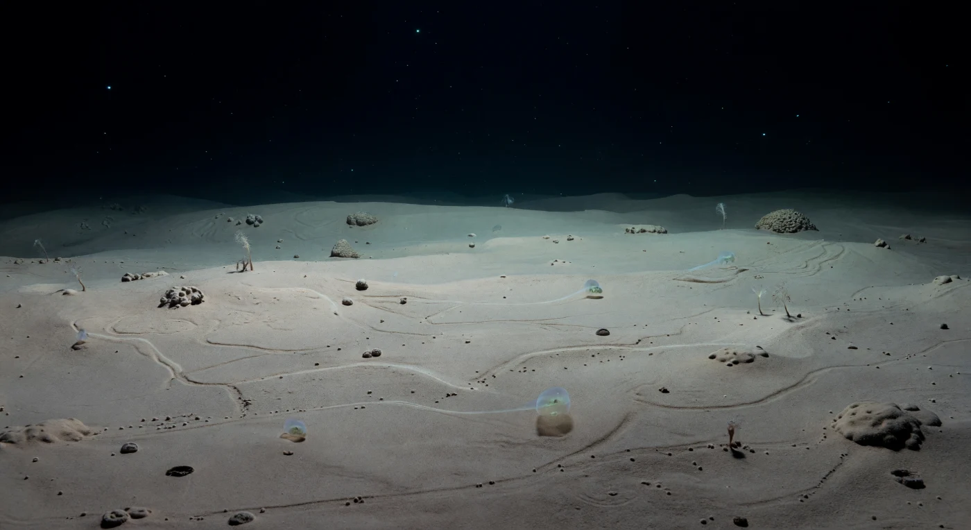 En las llanuras abisales, entre cuatro mil y seis mil metros de profundidad, la presión del agua supera los cuatrocientos atmósferas y la temperatura roza apenas el grado y medio centígrado, condiciones que modelan cada forma de vida presente con una precisión bioquímica implacable. El fondo se extiende como un desierto interminable de limo silíceo color ceniza, sedimento acumulado durante millones de años a partir de la lluvia continua de restos de diatomeas y radiolarios que descienden lentamente desde la zona fótica, depositándose sobre una corteza oceánica que ya no recuerda la luz. Varios holotúridos traslúcidos avanzan sin prisa sobre esta superficie, sus cuerpos gelatinosos y levemente iridiscentes en los bordes, dejando tras de sí surcos sinuosos y cadenas de pellets fecales que quedarán como registro fósil de su paso en el sedimento durante décadas. Desde el seno negro de la columna de agua desciende nieve marina en partículas pálidas y dispersas, mientras puntos de bioluminiscencia azul-verde flotan suspendidos en la oscuridad, destellos efímeros producidos por organismos que jamás conocerán otro cielo. Los crinoideos pedunculados se mantienen inmóviles en algún fragmento de sustrato duro emergido del limo, filtrando esa misma nieve invisible, en un mundo que existe completo, antiguo y perfectamente indiferente a cualquier mirada.