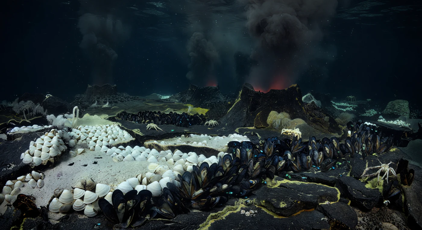 En las profundidades de una cordillera volcánica submarina, donde la corteza oceánica se fractura y se renueva, una frontera química y térmica divide el paisaje en dos reinos distintos: del lado más frío, amplias colonias de almejas blancas —*Calyptogena* spp.— descansan sobre costras minerales pálidas, sus valvas translúcidas nutridas por bacterias quimiosintéticas simbióticas que extraen energía del sulfuro de hidrógeno en lugar de la luz solar que nunca llegará a estas profundidades de entre mil y cuatro mil metros. Más allá de esa frontera invisible, trazada por el estremecimiento refractivo de fluidos a temperaturas abismales que distorsionan el agua helada como espejismos invertidos, mantos densos de mejillones hidrotermales —*Bathymodiolus* spp.— se aprietan contra el basalto oscuro, filtrando las emanaciones ricas en metano que ascienden de las fisuras activas. Enormes chimeneas negras se elevan desde el fondo sulfuroso expulsando penachos de fluido a 350 °C, cargados de minerales que precipitan en columnas de humo carbón mientras una tenue quimioluminiscencia naranja-rojiza tiñe el interior de los conductos más ardientes, y un velo fantasmal recorre las esteras microbianas que alfombran las rocas circundantes. Entre las dos comunidades, cangrejos yeti —*Kiwa* spp.— de palidez espectral se mueven con lentitud mecánica sobre las rocas, agitando sus quelas cubiertas de filamentos bacterianos, mientras diminutos carroñeros desprenden destellos cian efímeros, pinceladas de bioluminiscencia que puntúan la oscuridad absoluta. El agua fuera del campo termal colapsa en un azul-negro que no admite retorno, una quietud de millones de toneladas de presión que aplasta cualquier sonido y preserva este mundo quimiosintético exactamente como existía antes de que existiera ningún testigo.