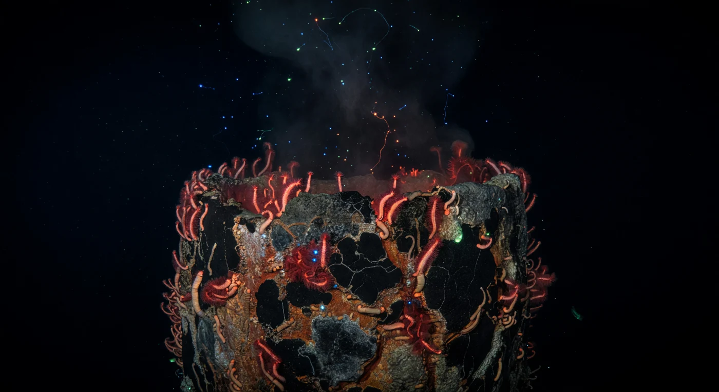 En las profundidades de la dorsal mesoceánica, donde la presión supera los 300 atmósferas y la oscuridad es absoluta, una chimenea hidrotérmica de sulfuros negros se eleva desde el lecho oceánico como una catedral mineral, sus paredes fracturadas tiñéndose de cobrizos y rojos profundos por el resplandor quimioluminiscente de fluidos supercalentados a 350 °C que emergen desde las entrañas de la Tierra. Colonias densas de gusanos de Pompeya —*Alvinella pompejana*, los animales más termorresistentes conocidos de la Tierra— tapizan las superficies más ardientes de la chimenea, sus cuerpos segmentados de color pálido encajados en grietas y tubos minerales, mientras sus colas plumosas de un carmín intenso ondean en la turbulencia del penacho hidrotermal. Las paredes del respiradero exhiben una estratigrafía mineral extraordinaria: depósitos de pirita y calcopirita ampollados, costras mate de anhidrita plateada, manchas de óxidos de hierro de un naranja herrumbroso, y biopelículas microbianas —las quimioautótrofas que sustentan toda esta cadena trófica— que atrapan el tenue fulgor cobrizo del vent en un instante congelado de quietud sublime. En el agua circundante, diminutas partículas de nieve marina y cristales minerales derivan libremente en la columna de agua, mientras que pinceladas de bioluminiscencia azul-verdosa de organismos asociados al vent salpican la oscuridad total que se extiende más allá, un vacío inmenso que recuerda que este ecosistema quimiosintético lleva existiendo millones de años en perfecta indiferencia hacia cualquier superficie.