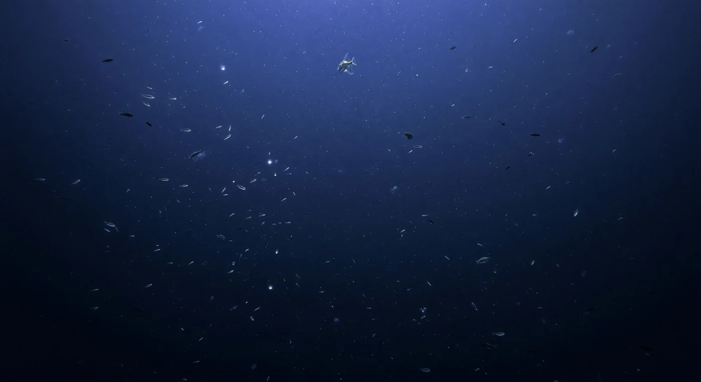 Desde la cámara frontal del lander, suspendida a 370 metros de profundidad, la columna de agua se extiende hacia arriba en un gradiente de cobalto profundo que se disuelve progresivamente en índigo, tan tenue que apenas permite distinguir siluetas: a esta profundidad, la luz solar ha perdido casi toda su energía y lo que queda es una reminiscencia espectral del azul, filtrada a través de cientos de metros de océano abierto. La capa de dispersión profunda deriva hacia el campo visual como una niebla viva y volumétrica, una nube biológica compuesta por eufáusidos, pequeños camarones sergestídeos y mictófidos a distintas distancias, algunos revelados como destellos plateados fugaces, otros apenas como sombras oscuras que cruzan el fotograma, mientras formas gelatinosas —ctenóforos o sifónoforos traslúcidos— emergen por un instante del fondo particulado antes de desvanecerse de nuevo. A esta profundidad la presión supera las 37 atmósferas, suficiente para comprimir la vejiga natatoria de los peces y modificar su flotabilidad y su firma acústica, razón por la cual capas como esta generaron durante décadas ecos falsos en los sonares de guerra, confundiéndose con el propio fondo marino. En el tercio superior del encuadre, un pez hacha —*Argyropelecus* sp.— aparece por un instante suspendido en el agua, su flanco metálico y su perfil laminado captando la débil luz descendente con una intensidad casi especular antes de disolverse de regreso en la bruma, dejando únicamente la vastedad silenciosa y fría del océano abierto más allá del enjambre.