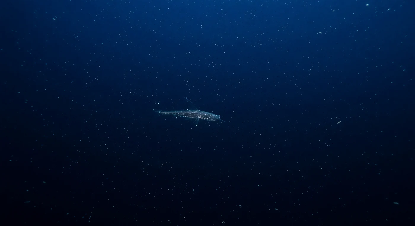En la zona de penumbra oceánica, entre los doscientos y los mil metros de profundidad, la luz solar se desvanece hasta convertirse en un residuo de azul cobalto casi imperceptible, incapaz ya de sostener la fotosíntesis pero aún suficiente para proyectar siluetas efímeras contra la oscuridad creciente. Aquí, la presión equivale a decenas de atmósferas y el frío penetra la columna de agua con una constancia absoluta; en este entorno suspendido, un dragonfish estomátido —*Aristostomias* o un pariente cercano— permanece casi inmóvil, su cuerpo alargado y sus tejidos translúcidos apenas discernibles contra el agua negra que se abre debajo. A lo largo de sus flancos y vientre, los fotóforos arden como brasas vivas de luz azul-verde, órganos bioluminiscentes bajo control neuroquímico preciso que sirven para contraluminación, comunicación intraespecífica y atracción de presas en un mundo donde cualquier destello puede significar la diferencia entre comer y ser comido. Alrededor del pez, una nevada marina —partículas de materia orgánica, heces, fragmentos de organismos y agregados de mucopolisacáridos— desciende con lentitud geológica hacia el fondo, transportando carbono desde la superficie iluminada hasta las profundidades abisales en un flujo continuo que regula el clima del planeta entero. Esta columna de agua no está vacía sino viva, habitada por una comunidad densa e invisible que existe, en perfecta indiferencia, sin más testigo que el silencio y la presión.