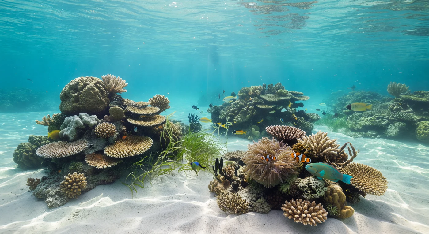 En las aguas cristalinas de esta laguna tropical, donde la profundidad apenas supera los tres a ocho metros, la luz del sol de mediodía atraviesa la superficie ondulada en haces dorados que se fragmentan sobre la arena blanca de carbonato en patrones de cáusticas en constante movimiento, como constelaciones efímeras proyectadas sobre el fondo. Los arrecifes de parche emergen del lecho arenoso como jardines de piedra viva: corales boulders de superficie rugosa y calcárea conviven con corales en placa estratificados, sus pólipos individualmente visibles en la claridad perfecta del agua, mientras gorgonias de ramificación delicada se inclinan suavemente con la corriente transparente. Sobre los corredores de *Thalassia* y *Halodule* que serpentean entre los cabezos coralinos, cardúmenes de cromis y peces damisela juveniles se mantienen suspendidos en la columna de agua azul-verdosa, aprovechando el refugio estructural que ofrece la arquitectura de carbonato de calcio construida por milenios de secreción colonial; en el flanco de uno de los parches, los tentáculos translúcidos de una anémona acogen a un par de peces payaso en su simbiosis característica. Este ecosistema bentónico inmerso en la zona eufótica sostiene una densidad biológica extraordinaria gracias a la fotosíntesis de las algas zooxantelas endosimbiontes en los tejidos coralinos, existiendo en una plenitud de color, textura y vida completamente ajena a cualquier presencia exterior.