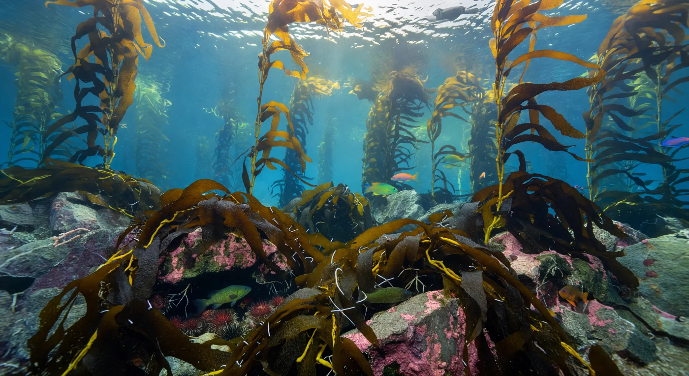 En el fondo rocoso de un bosque de kelp gigante de la costa californiana, los rizoides de *Macrocystis pyrifera* se aferran a la piedra fracturada como coronas retorcidas de bronce, entrelazando sus haptera entre cantos rodados cubiertos de algas coralinas rosadas que forman un laberinto de sombras oliváceas. A escasos metros bajo la superficie, la presión ronda las dos atmósferas y el agua —fría, entre diez y catorce grados centígrados— circula cargada de partículas orgánicas en suspensión, nutrida por la surgencia costera que asciende desde profundidades mayores trayendo nitratos que sostienen esta productividad extraordinaria. Dentro del refugio que ofrecen los holdfasts, erizos rojos (*Strongylocentrotus franciscanus*) se acuñan en las grietas con sus espinas translúcidas captando destellos de luz, mientras ofiuras de brazos delicados hilan sin prisa entre los intersticios de la roca, y una lubina de kelp (*Paralabrax clathratus*) permanece inmóvil en la penumbra, camuflada entre la geometría irregular de los estipes. Más arriba, los rayos solares penetran desde la superficie en haces cambiantes —filtrados por cientos de palas y neumatocistos— y dibujan cáusticas parpadeantes sobre la piedra y las escamas, bañando en luz naranja encendida a los garibaldis que arden entre los estipes como brasas suspendidas en una catedral líquida que se erige sin testigos hacia el dorado dosel flotante.