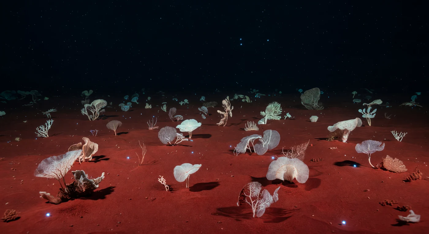 En las profundidades de la Fosa de las Marianas, el lecho de la Sirena Deep se extiende bajo una presión de más de mil atmósferas como una llanura interminable de lodo rojizo, teñido de óxidos de hierro y manganeso acumulados durante millones de años de lluvia sedimentaria desde las aguas iluminadas por el sol, kilómetros más arriba. De esta arcilla abisal color ladrillo emergen los xenofiósforos, los organismos unicelulares más grandes conocidos de la Tierra: estructuras discoidales y ramificadas de calcita y fragmentos minerales amalgamados por hebras citoplasmáticas, tan frágiles como porcelana antigua y tan arquitectónicas como ruinas de un mundo anterior al nuestro. La columna de agua sobre la llanura es extraordinariamente quieta y transparente, y a través de ella descienden lentas partículas de nieve marina —restos orgánicos, exoesqueletos de radiolarios, heces pelágicas— que constituyen el único sustento energético de esta comunidad hadal aislada del ciclo solar. En la oscuridad total y permanente, microscópicos organismos planctónicos a la deriva liberan breves pulsos de bioluminiscencia azul-cian que rozan los contornos pálidos de los xenofiósforos y revelan por un instante la suave topografía del sedimento antes de que la negrura vuelva a cerrarse, inmutable. Este paisaje existe sin testigos, sin sonido perceptible, gobernado únicamente por la física del agua a presión extrema y por la biología lenta y paciente de criaturas que llevan habitando estas profundidades desde antes de que existiera cualquier cosa capaz de nombrarlas.