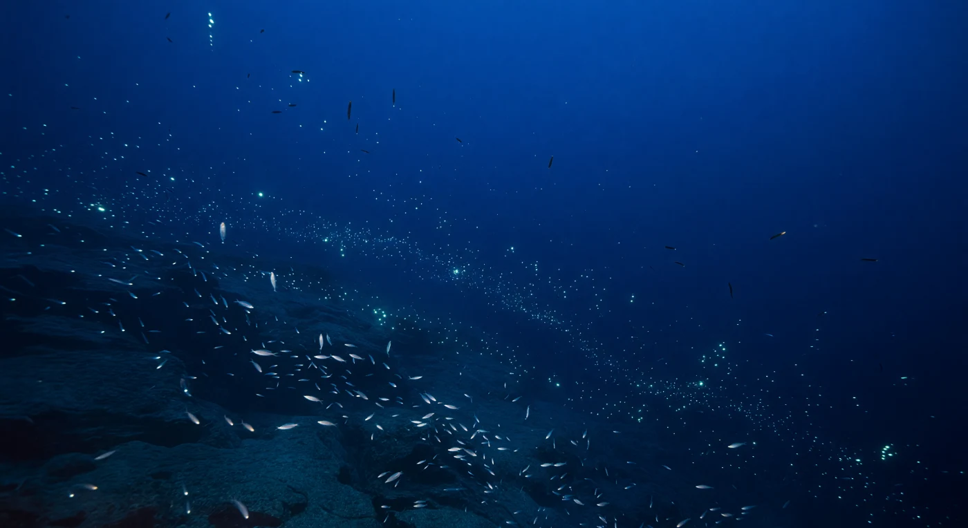 En la zona de penumbra oceánica, entre los doscientos y los mil metros de profundidad, la luz solar se extingue hasta reducirse a un débil resplandor cobalto que apenas distingue el arriba del abajo. Contra la pared inclinada del talud continental —una masa de sedimento compactado y roca cubierta por siglos de nieve marina— asciende en este momento la capa de dispersión profunda, ese organismo colectivo y difuso formado por millones de seres: crustáceos planctónicos de cuerpo vítreo, peces meso­pelágicos como mictófidos y víboras de mar con sus hileras de fotóforos precisos, sifonóforos translúcidos y copépodos que destellan en defensa al sentir la presión de sus vecinos. La migración vertical diaria es uno de los mayores flujos de biomasa del planeta: al caer la tarde estos seres escalan centenares de metros para alimentarse en aguas más someras y regresan antes del amanecer, transportando carbono fijado desde la superficie hasta la oscuridad, papel fundamental en el ciclo global de este elemento. En el agua clara de mar abierto, partículas de detritus orgánico —nieve marina— derivan libremente, reveladas solo cuando un pulso bioluminiscente cercano las roza de azul verdoso, y la presión equivalente a decenas de atmósferas envuelve cada criatura en un silencio que ningún sonido superficial alcanza. Este universo de luz fría y movimiento lento existe con perfecta indiferencia, ajeno a cualquier mirada, como ha existido desde mucho antes de que hubiera ojos capaces de contemplarlo.
