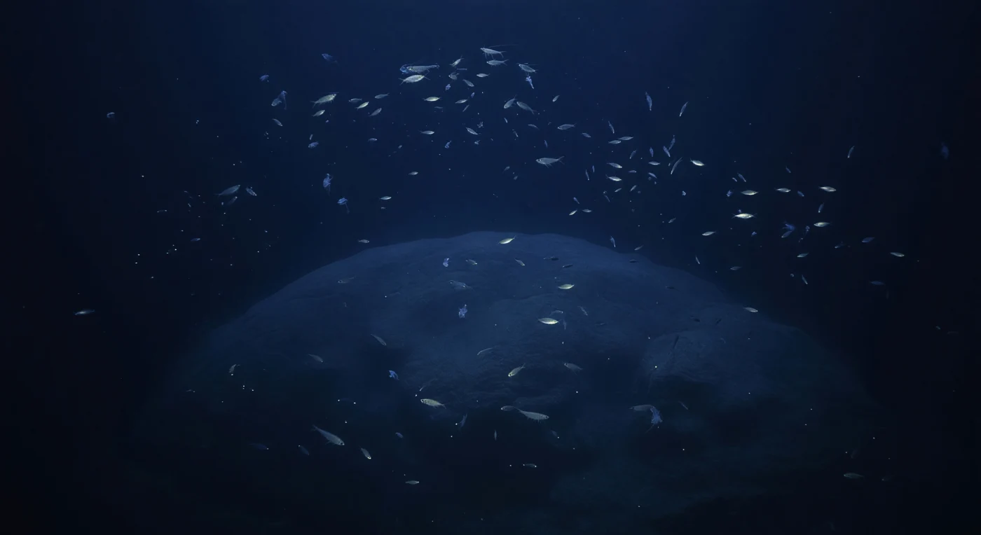 En el hombro redondeado de un monte submarino, a profundidades donde la presión supera los veinte atmósferas y la luz solar ha perdido casi toda su energía, el agua adquiere un azul cobalto profundo que se desvanece hacia la negrura absoluta por detrás de la roca. La masa volcánica emerge como una forma índigo difusa, sus contornos suavizados por la atenuación propia del agua oceánica a cientos de metros de distancia, mientras partículas de nieve marina derivan libremente en la columna de agua circundante. Sobre el promontorio, la capa de dispersión profunda comienza su migración vertical nocturna: gambas de tejidos casi transparentes, peces plateados con flancos especulares que reflejan la escasa luz descendente, y formas gelatinosas de una delicadeza extrema se distribuyen en el agua abierta con la espaciación natural propia de organismos que pasan su existencia entera en la oscuridad pelágica. Sus cuerpos revelan las estrategias de camuflaje características de esta zona: vísceras oscuras, ojos desproporcionadamente grandes optimizados para detectar el último fotón azul-verde, y aletas tan finas como agujas que apenas perturban el agua inmóvil. Aquí y allá, diminutos destellos azul-verdosos de bioluminiscencia —señales de comunicación, defensa, o pura casualidad bioquímica— puntúan la oscuridad como constelaciones frías, recordando que este mundo sin sol posee su propia iluminación interior, silenciosa e inmensa, completamente ajena a cualquier presencia exterior.