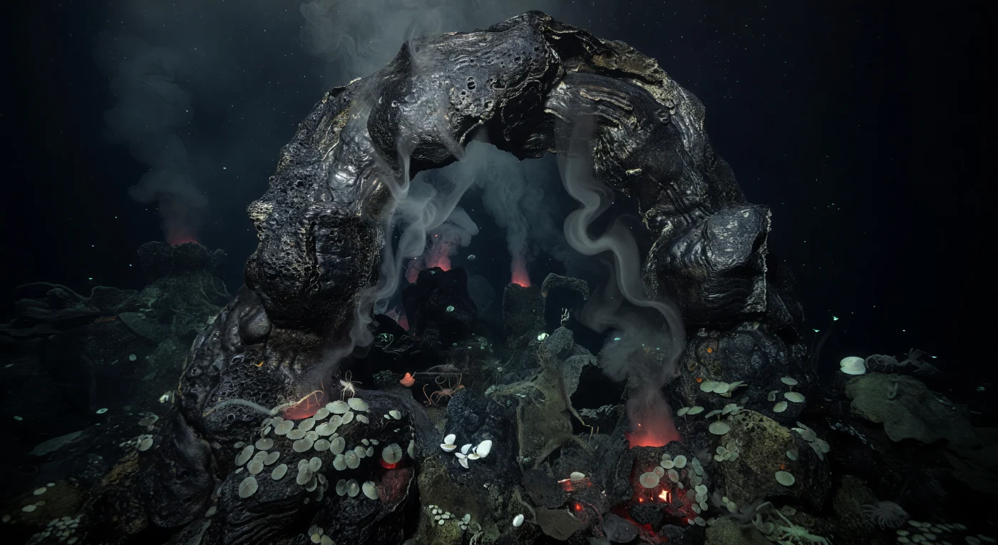 Bajo una presión que supera las trescientas atmósferas, un arco de sulfuro negro se alza sobre el fondo oceánico como una puerta forjada por la propia geología: sus superficies están estratificadas en negro carbón, gris metálico y amarillo azufre, corroídas durante décadas por la interacción continua entre el fluido hidrotermal acidificado y el agua fría del abismo. A través del umbral del arco, chimeneas de fumadores negros expulsan fluido mineral a unos trescientos cincuenta grados centígrados, y la columna de penacho asciende en volutas plateadas que se entremezclan con el agua circundante a pocos grados sobre el cero, creando una distorsión térmica que ondula el paisaje como un espejismo pétreo. En la base sombreada del arco, centenares de lapas pálidas cubren la roca sulfurada en agrupaciones densas, mientras que almejas blancas se instalan entre los escombros y, más cerca de las chimeneas activas, tubos de Riftia emergen como plumas translúcidas sostenidas por bacterias quimiosintéticas que fijan el azufre en materia orgánica, prescindiendo por completo de la luz solar. Un tenue resplandor anaranjado-rojizo emana de las fisuras de basalto recién formado y de los penachos cargados de partículas, mientras destellos cian-verdosos de bioluminiscencia puntúan la oscuridad más profunda, revelando que la vida aquí no depende del sol sino de la energía química que brota desde el interior de la Tierra, en un ciclo que antecede a casi todo lo que existe en la superficie.