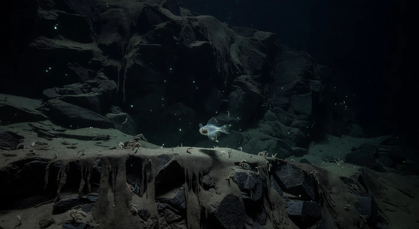 En las laderas abisales de una fosa oceánica, a profundidades donde la presión supera los 800 atmósferas, un pez caracol hadal —*Pseudoliparis* o un género afín— flota inmóvil sobre un estrecho banco de sedimento tallado en una pared de roca fracturada, su cuerpo gelatinoso y translúcido sostenido por adaptaciones bioquímicas que ningún vertebrado de aguas someras podría replicar: membranas celulares remodeladas, enzimas estabilizadas por el trimetilaminóxido, y una flotabilidad neutra lograda sin vejiga natatoria. El acantilado que se levanta detrás de él —una escarpa casi vertical de basalto oscuro y drapeados de fango ravineado, salpicada de xenofóforos aglutinadosde color crema anclados al sustrato— constituye uno de los paisajes geológicos más imponentes del planeta, tallado por la subducción y modelado por corrientes de fondo que transportan nieve marina y capas nepheloides bentónicas a lo largo de sus contornos en una circulación silenciosa y permanente. No existe aquí ninguna luz solar —la zona es irreversiblemente afótica—, y sin embargo el borde translúcido de las aletas del pez capta destellos fríos de cian y verde: la bioluminiscencia esporádica de organismos planctónicos a la deriva, chispas vivientes que esbozan brevemente la topografía de la roca antes de extinguirse en la oscuridad. El agua, a poco más de un grado centígrado y con una salinidad estable de cerca de 34,7, es vieja y densa, parte de masas de agua que llevan siglos circulando por las cuencas profundas del Pacífico sin conocer la superficie. Este mundo existe completo y sin testigos, regido únicamente por la presión, el frío, la química del abismo y la lenta lluvia de materia orgánica que desciende desde océanos que este pez nunca alcanzará.