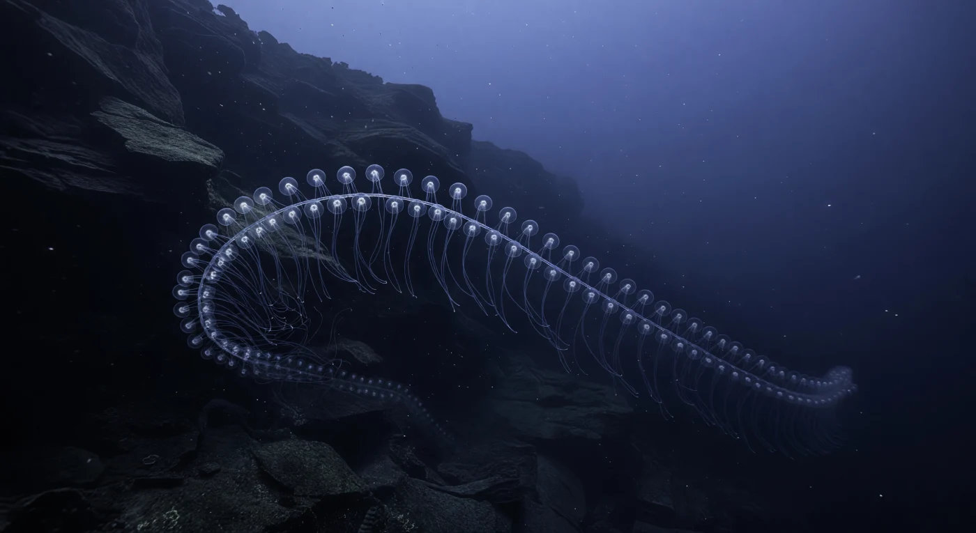 En las aguas frías y estratificadas de la zona de penumbra oceánica, un sifónoforo fisónecto de proporciones extraordinarias se extiende paralelo a la pared continental, su cadena de nectóforos transparentes y su tallo gelatinoso suspendidos en una columna de agua donde la presión supera las cincuenta atmósferas y la temperatura roza los seis grados centígrados. La débil luz azul que desciende desde cientos de metros por encima atraviesa las membranas vítreas de las campanas como un reflejo frío, revelando la arquitectura interna del zoide con una nitidez imposible de obtener en condiciones normales, mientras los tentilla se despliegan en velos superpuestos contra la geometría oscura de la pendiente rocosa. *Praya dubia* o una especie afín del género *Apolemia* puede alcanzar decenas de metros de longitud, convirtiéndose en uno de los organismos más extensos del planeta, una colonia de individuos especializados —nectóforos propulsores, dactilozooides cazadores, gonozooides reproductores— funcionando como un único ser en la oscuridad. La pared continental, un plano de roca que desciende en diagonal hacia profundidades mayores, actúa como guía vertical para corrientes de fondo y nieva marina, esas partículas de materia orgánica que derivan libremente entre el sifónoforo y la penumbra; a lo lejos, algún destello bioluminiscente frío señala la presencia de otra vida que no necesita ningún testigo para existir.