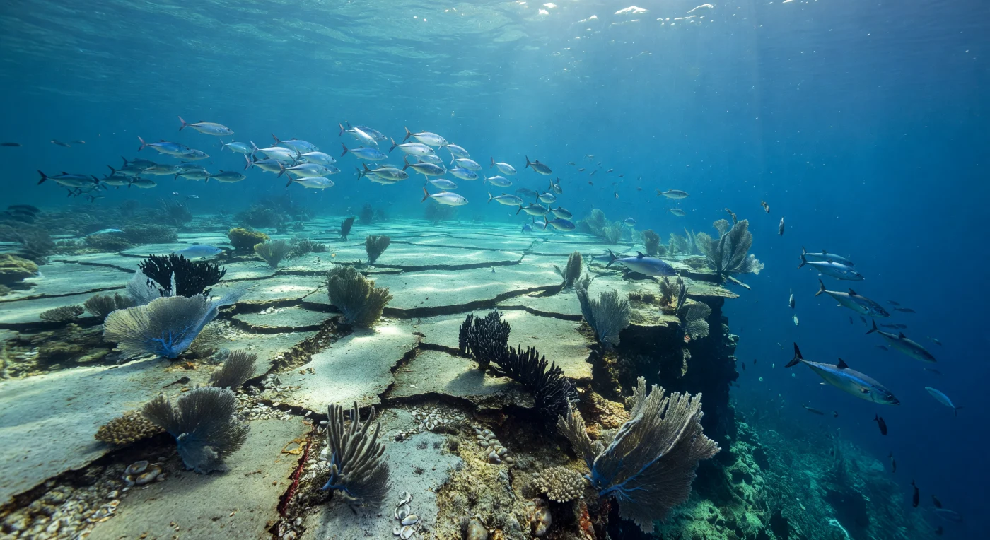 En la cima de este monte submarino, la luz de la tarde penetra el océano desde la superficie con una inclinación rasante, dibujando rayos dorados y patrones de cáustica sobre pavimentos de carbonato color marfil y escalones de roca fracturada donde la corriente arrastra partículas de plancton en suspensión. Los abanicos de gorgonias que bordean el borde del talud proyectan largas sombras azules sobre las losas incrustadas de algas coralinas, anemones y corales negros que marcan el inicio del descenso abrupto hacia el azul ultramarino abierto —una pared que cae en cuestión de metros desde la zona plenamente iluminada hacia aguas mucho más profundas y frías—. Cardúmenes de jureles plateados giran en formaciones compactas sobre la meseta, destellando como fragmentos de espejo al girar sobre el sustrato duro, mientras atunes de flancos tensos cruzan el borde de la plataforma en embestidas precisas contra la baitfish dispersa, aprovechando la concentración de presas que los montes submarinos propician al forzar el ascenso de aguas ricas en nutrientes. La presión aquí, apenas unas pocas atmósferas, permite que los organismos de cuerpo rígido y los peces pelágicos convivan sobre esta cima arrecifal oceánica que actúa como un oasis de productividad en mitad del océano abierto. El mundo existe completo y silencioso en sí mismo: corriente, roca, luz, vida.