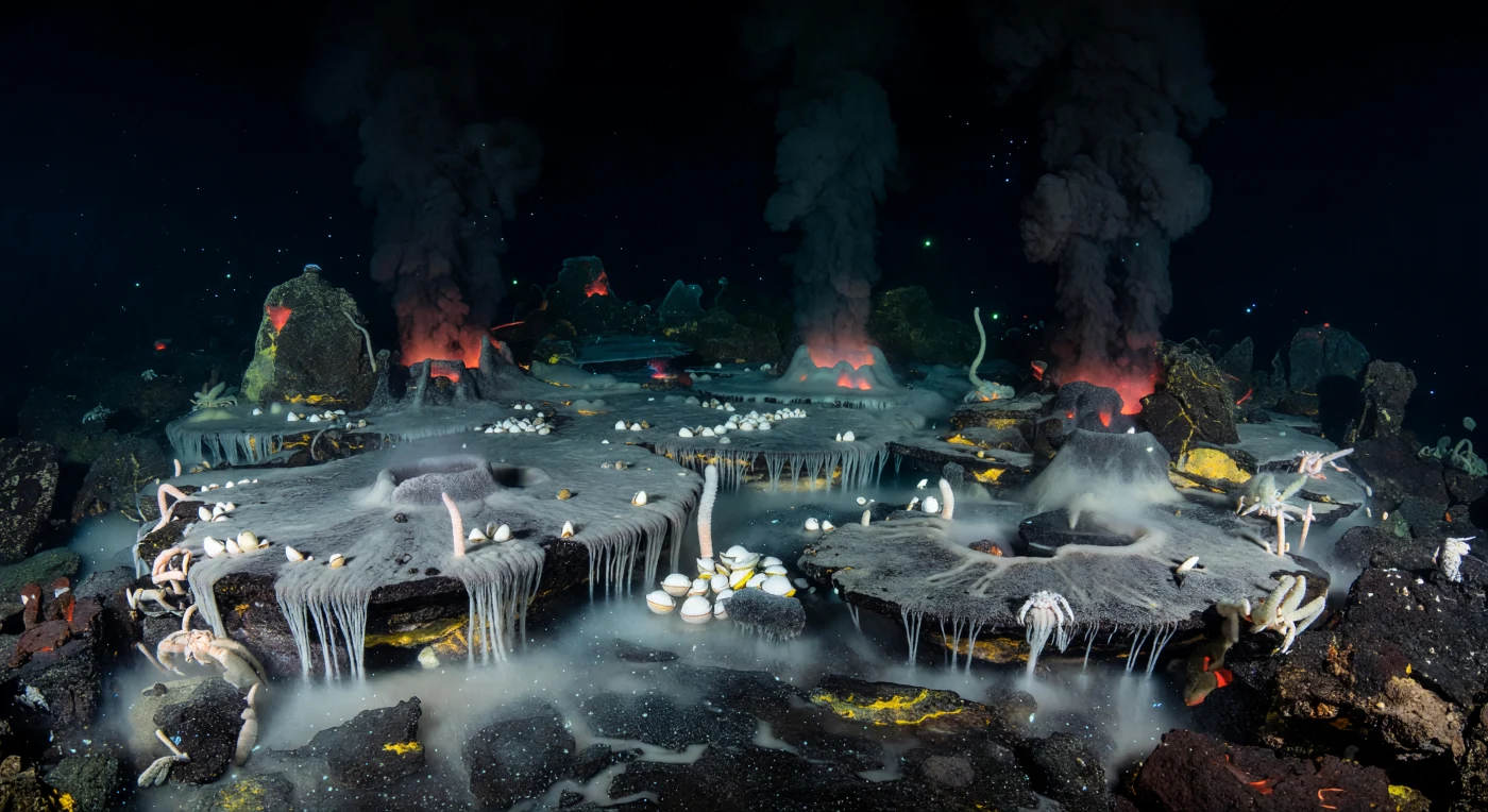 En las profundidades de una dorsal meso-oceánica, a presiones que superan los doscientos atmósferas, el basalto recién fracturado exhala fluidos enriquecidos en sulfuro de hidrógeno y metano a través de fisuras y chimeneas bajas, alimentando una comunidad quimiosintética densa y autosuficiente que no debe nada a la luz solar. Gruesas alfombras microbianas blancas —tejidas por Beggiatoa y géneros afines— caen sobre cada escalón de roca volcánica como seda húmeda, sus bordes festoneados temblando en la neblina mineral que asciende de los vents difusos, mientras que columnas de fumadores negros más alejadas exhalan penachos densos que se disuelven en el agua absolutamente oscura, revelados apenas por el resplandor quimioluminiscente anaranjado-rojizo que emana de las reacciones geoquímicas y por el fulgor térmico de las fisuras recién abiertas. Entre los pliegues de las esterillas se agrupan Calyptogena y otras almejas de gran tamaño, cuyas bacterias simbiontes fijan carbono a partir del azufre reducido, mientras que pálidos Riftia pachyptila ascienden en penachos plumosos desde las grietas y cangrejos Yeti —Kiwa sp.— cultivan en sus quelas peludas las mismas bacterias que los nutren, agitando lentamente los brazos en el halo cálido del margen del vent. Por encima de la terraza, la nieve marina —partículas orgánicas y minerales en suspensión— deriva en el agua gélida e inmóvil, y la oscuridad se cierra de inmediato, recordando que este mundo de calor químico y vida exuberante existe en un silencio absoluto, sin testigos, sostenido únicamente por el calor interno de la Tierra.