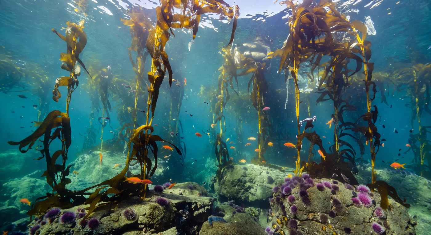Tras el paso de una fuerte marejada, el bosque de *Macrocystis pyrifera* se reorganiza lentamente en la columna de agua: estipes de bronce y oro que se yerguen desde el arrecife rocoso hasta la superficie fragmentada, donde los rayos del sol penetran por las brechas abiertas en el dosel y se transforman en haces azul verdoso que iluminan cada partícula en suspensión —sílice de tormenta, plancton, fragmentos orgánicos— creando un espacio luminoso que oscila entre el turquesa en las aguas superiores y el verde oliva en las profundidades del corredor interior. La surgencia costera de la California fría, enriquecida en nitratos, alimenta a esta especie de alga parda capaz de crecer hasta treinta centímetros al día, convirtiéndola en uno de los ecosistemas bentónicos de fundación más productivos del planeta, donde la fotosíntesis genera cantidades extraordinarias de oxígeno disuelto incluso horas después del colapso mecánico de su estructura. A presiones de apenas dos a cuatro atmósferas —insignificantes frente al abismo, pero suficientes para modelar la fisiología de sus habitantes—, el lecho rocoso expuesto por la erosión del oleaje muestra su cara desnuda: granito y basalto limpio de costras blandas, con grietas colmadas de erizos púrpura (*Strongylocentrotus purpuratus*) que aprovechan la perturbación para reclamar territorio, cada espina resuelta con nitidez cristalina bajo la luz filtrada. Garibaldis naranja ardiente (*Hypsypops rubicundus*), nadan entre los estipes como fragmentos de luz sólida, mientras frondas rotas y neumatocistos a la deriva descienden en cámara lenta, recordando que este sistema vive en un ciclo perpetuo de destrucción y regeneración que no necesita testigo alguno para consumarse.