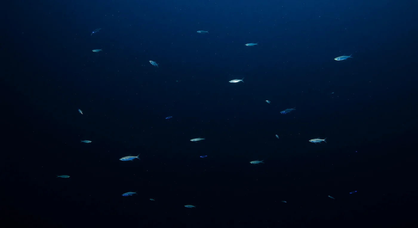 At roughly 600 to 1,000 metres below the surface, the last measurable traces of solar energy arrive as a barely perceptible cobalt wash, attenuated to near-nothing by the mass of water pressing down at pressures exceeding 60 to 100 atmospheres — enough to collapse any uncompensated air space and demand radical physiological adaptation from every organism present. Here, in this transitional lower realm, hatchetfish hold their characteristic near-vertical posture in the open water column, their laterally compressed, mirror-silvered bodies evolved to minimize reflective cross-section against the faint overhead glow, while their ventral photophores — tiny blue-emitting organs aligned along the belly — fire in subtle, asynchronous pulses, a strategy called counterillumination that erases their downward silhouette against whatever diffuse light remains from above. Alongside them drift mesopelagic squid whose tissues are nearly optically transparent, their internal organs faintly visible as shadows within glass-clear mantles, their own photophore arrays flickering with the same restrained luminescence — points of cold blue light appearing and dissolving back into the surrounding dark in no fixed rhythm. Fine marine snow, the slow rain of organic particles descending from productive surface waters, drifts freely through the enormous open space between these animals, connecting this lightless interior to the sunlit world far above in an unbroken vertical flux of carbon and life. This is an ocean that has never needed witnesses: its economies of light and camouflage, its chemical signaling and predator-prey geometries, have been operating in perfect, pressurized silence for hundreds of millions of years.