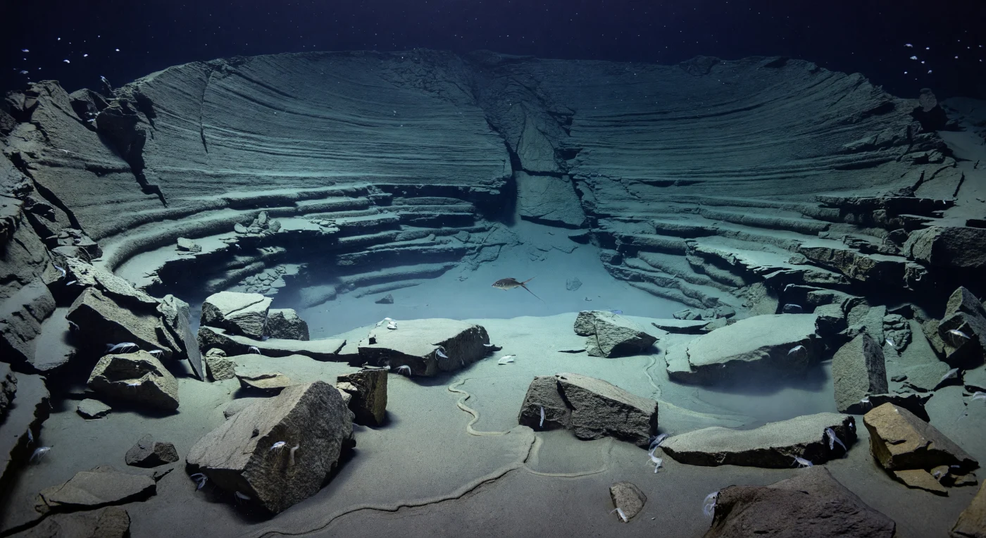 À 620 mètres de profondeur, sur le flanc du talus continental, une vaste cicatrice de glissement s'ouvre comme un amphithéâtre naturel, ses parois en croissant révélant des strates internes pâles — bandes compactes de sédiment consolidé et de mudstone fracturé — exposées à nu par l'effondrement brutal de milliers de tonnes de sédiments marins. La pression avoisine les 62 bars, écrasante et absolue, tandis que la température de l'eau oscille autour de 5 à 7 °C dans cette zone mésopélagique crépusculaire où la lumière solaire, réduite à un lointain halo bleu-indigo, s'éteint progressivement avant de disparaître dans le noir profond des renfoncements de l'amphithéâtre. Sur le plancher sédimenté du bassin, des blocs anguleux arrachés lors du glissement reposent sous de fines draperies de limon, tandis qu'une neige marine continue de tomber en silence, particules organiques et agrégats biogènes dérivant depuis la surface comme une pluie lente et immémoriale. Un grenadier — Macrouridae, maître de ces profondeurs de transition — demeure suspendu sans effort apparent au-dessus du fond, sa silhouette argentée-anthracite à peine distincte dans la lueur ambiante, gardien immobile d'un paysage que nulle perturbation ne semble avoir jamais atteint ; aux marges sombres de la scène, de minuscules points bioluminescents vacillent parmi le plancton gélatineux, étoiles fragiles d'un univers qui existe, complet et indifférent, sans témoin.