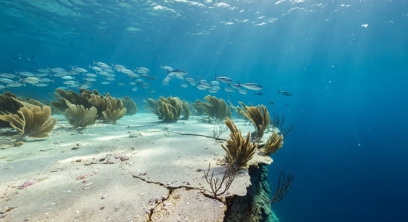 Au sommet d'un guyot tropical, là où l'ancienne calotte volcanique a été rabotée par les vagues d'un océan disparu il y a des millions d'années, un plateau calcaire couleur crème s'étend en silence avant de basculer brusquement dans le vide cobalt. Les caustiques du soleil tropical dansent sur le pavement corallien, révélant des encroutements de corallinacées et des poches de gravier coquillier coincées dans les fractures, pendant que des rais de lumière descendent en colonnes vers l'abîme bleu-vert qui s'ouvre au-delà du rebord. À la lisière du plateau, des gorgones fauves — des Paramuricea ou des Eunicella selon les courants — se penchent toutes dans le même sens, filtrées par un flux océanique constant qui concentre ici le plancton remontant des eaux plus profondes par pompage tidaux et ondes internes, faisant de ce sommet isolé un véritable oasis pélagique. Des bancs de carangues argentées tournent et vrillent au-dessus du bord, leurs flancs flashant le blanc et le bleu dans la lumière, tandis que des thons filent à travers les bancs en chasseurs furtifs, exploitant l'effet d'agrégation que la topographie impose à leur proie. Sous cette vie foisonnante, le rebord calcaire plonge sans préavis dans un bleu outremer sans fond, frontière silencieuse entre le monde éclairé et ce qui existe plus bas, dans une obscurité que le soleil n'atteint plus.