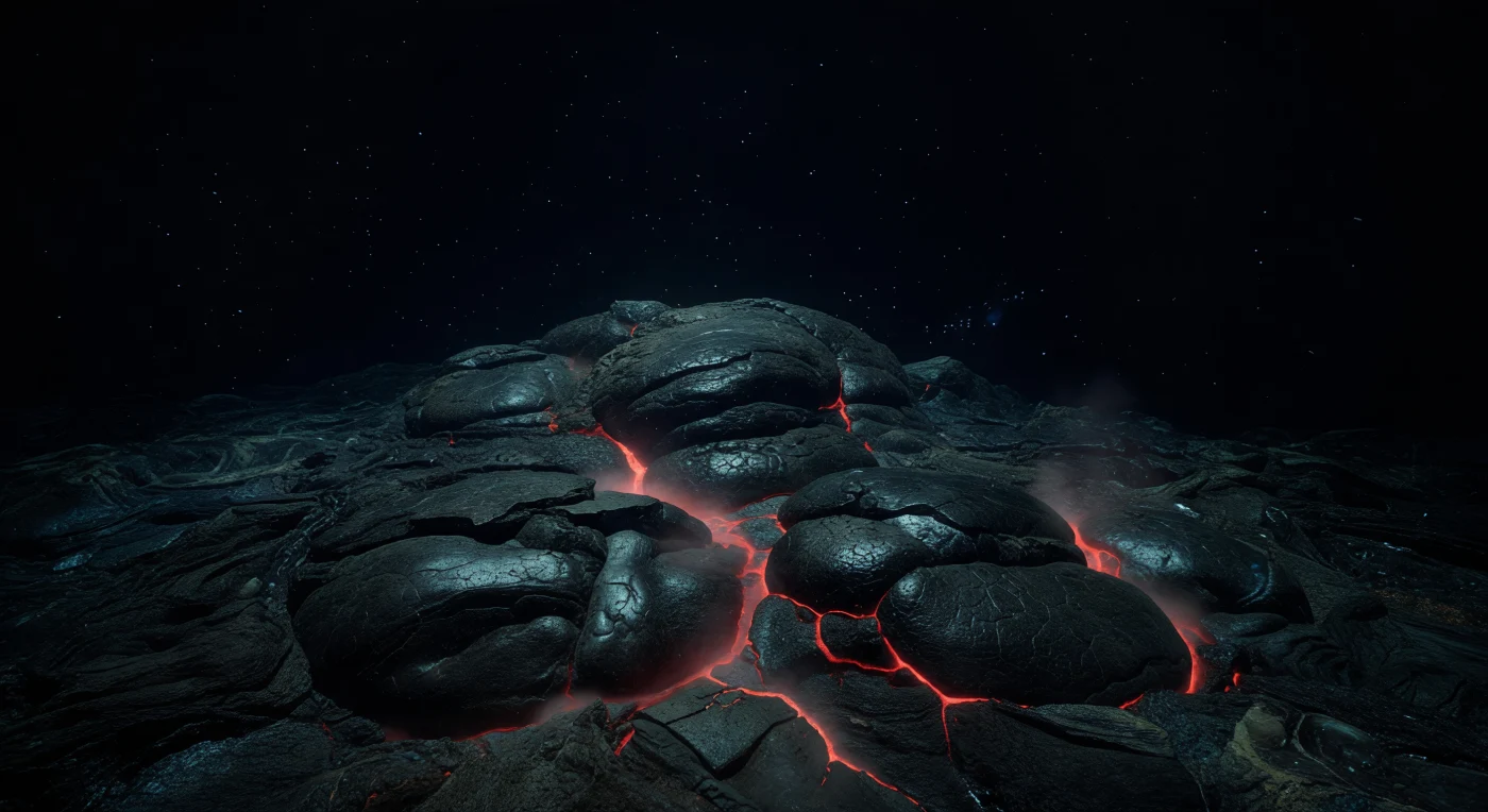 À quelque deux mille cinq cents mètres sous la surface, là où les plaques tectoniques s'écartent dans un silence absolu, de jeunes laves en coussins s'entassent le long de la crête de la dorsale comme des bulles de verre noir figées dans l'instant de leur naissance — leurs surfaces vitreuses, encore intactes de tout sédiment, portent les réseaux polygonaux de micro-fissures de trempe qui signent le choc thermique brutal entre basalte en fusion et eau abyssale à deux degrés celsius. Le long des fissures éruptives qui serpentent entre ces lobes bombés, une lueur rougeoyante sourde transperce les seams les plus minces, trahissant la présence du magma encore mobile qui pulse à l'intérieur, tandis que de fines auréoles de distorsion thermique ondulent imperceptiblement au-dessus des coutures les plus chaudes. Des voiles orangés de circulation hydrothermale diffuse s'échappent des contacts entre les coulées, chargés de minéraux — soufre, fer, manganèse — et se dissolvent lentement dans une colonne d'eau soumise à une pression de deux cent cinquante atmosphères, pression qui règne ici sans jamais se laisser voir, sensible seulement à travers l'immobilité totale et l'échelle vertigineuse de la roche. Çà et là, quelques pincées de bioluminescence cyan dérivent dans le noir absolu environnant — infimes organismes du plancton bathypélagique pour lesquels cette énergie chimique montant du manteau terrestre constitue, comme pour les communautés de vent qui leur succéderont, la seule source de vie dans un monde où la lumière solaire n'a jamais existé.