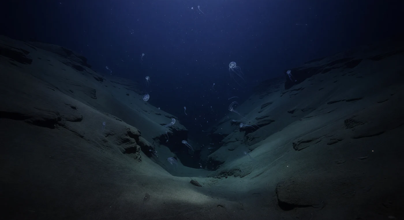 À 410 mètres de profondeur dans l'axe de ce canyon de pente continentale, la lumière solaire n'existe plus qu'à l'état de souvenir : un voile bleu cobalt quasi inexistant filtre depuis la surface lointaine, se dissolvant progressivement en un noir presque total avant d'atteindre le fond sédimenté. Les parois du canyon s'élèvent de part et d'autre, leurs flancs marqués de cicatrices de glissements, de petites ravines et de replats rocheux sombres, témoins d'une géologie active où gravité et courants de fond redistribuent sans relâche sédiments fins et matière organique depuis le plateau continental vers les profondeurs. Dans la colonne d'eau suspendue entre ces parois, des cténophores transparents — leurs rangées de cils irisés animés d'imperceptibles reflets bleu-argent — et quelques courtes chaînes de siphonophores dérivent comme des rubans de verre, presque invisibles, révélés uniquement par la réfraction du faible éclairage ambiant sur leurs contours. La neige marine tombe en une pluie lente de particules organiques, légèrement plus dense près du fond où une couche néphéloïde diffuse signale des courants canyon à peine perceptibles, transportant cette manne vers l'abysse. Ici règnent une pression d'environ 41 atmosphères, une température avoisinant les 8 à 10 °C et un silence absolu, dans un monde qui n'a jamais eu besoin de témoin pour exister.