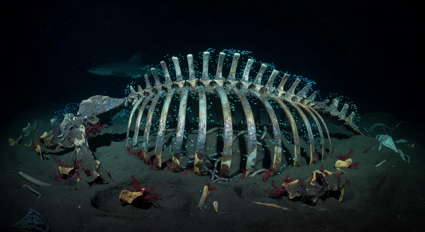 Dans les profondeurs de la zone bathypélagique, là où la pression dépasse plusieurs centaines d'atmosphères et où aucune lumière solaire n'a jamais pénétré, la cage thoracique d'un grand cétacé s'élève du sédiment comme une colonnade blanche et silencieuse — vestige d'un animal qui, en mourant, a offert à ce désert abyssal une île de matière organique suffisante pour soutenir une communauté entière pendant des décennies. Les os, polis par des mois de charognage intense, sont maintenant couverts de films bactériens sulfureux et frangés à leur base par les panaches cramoisis d'*Osedax*, ces vers spécialisés qui forent directement dans le collagène osseux pour en extraire les lipides, tandis que des myxines se nouent en spirales grasses à travers les cavités du squelette et qu'un requin dormeur dérive, à peine visible, dans le noir absolu au-delà des arches. Ce qui illumine la scène n'est pas de la lumière au sens ordinaire du terme : des nuées d'amphipodes, attirés par la richesse chimique exceptionnelle de la chute, s'enflamment en vagues de cyan et de vert froid le long des côtes, leurs éclairs bioluminescents révélant fugitivement la pellicule huileuse des résidus organiques, les tranchées douces creusées dans la boue par les corps des charognards, et la neige marine qui dérive librement dans la colonne d'eau — avant que tout ne retombe dans un silence froid, immobile et absolument vide d'humanité.