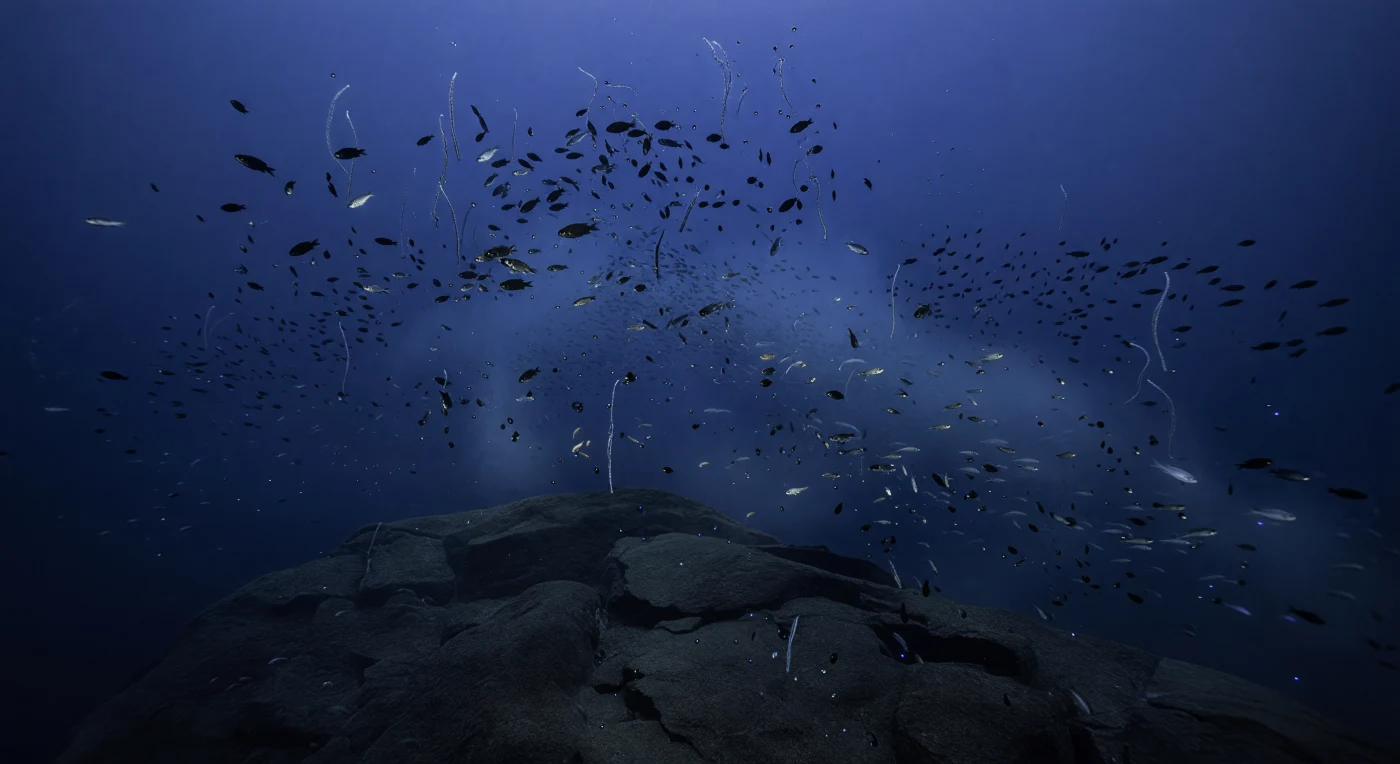 À bord d'un ROV qui rase le flanc d'un mont sous-marin à 330 mètres de profondeur, la caméra capte une lame de basalte sombre glissant sous la coque comme la quille d'un continent, tandis qu'à quelques centimètres à peine, les lampes froides de l'engin découpent dans le bleu monochrome les flancs argentés de myctophidés et les yeux réfléchissants de crevettes en suspension. La couche diffusante biologique — ce faux fond acoustique qui trompa les sonars de guerre — se matérialise ici comme une nappe vivante et volumétrique : bandes de krill, chaînes translucides de siphonophores et nuées de poissons-lanternes qui se décollent du contour rocheux pour se fondre en fumée organique dans les couches plus sombres. La pression, voisine de 34 atmosphères, comprime les vessies natatoires et modifie la flottabilité de chaque organisme, pendant que la neige marine — particules de matière organique en dérive lente — traverse le faisceau lumineux comme une poussière froide et infinie. Plus loin, là où les lampes abdiquent, de minuscules étincelles bleu-vert de bioluminescence clignotent brièvement, seuls témoins d'un monde qui communique dans l'obscurité complète, à l'abri de tout soleil.