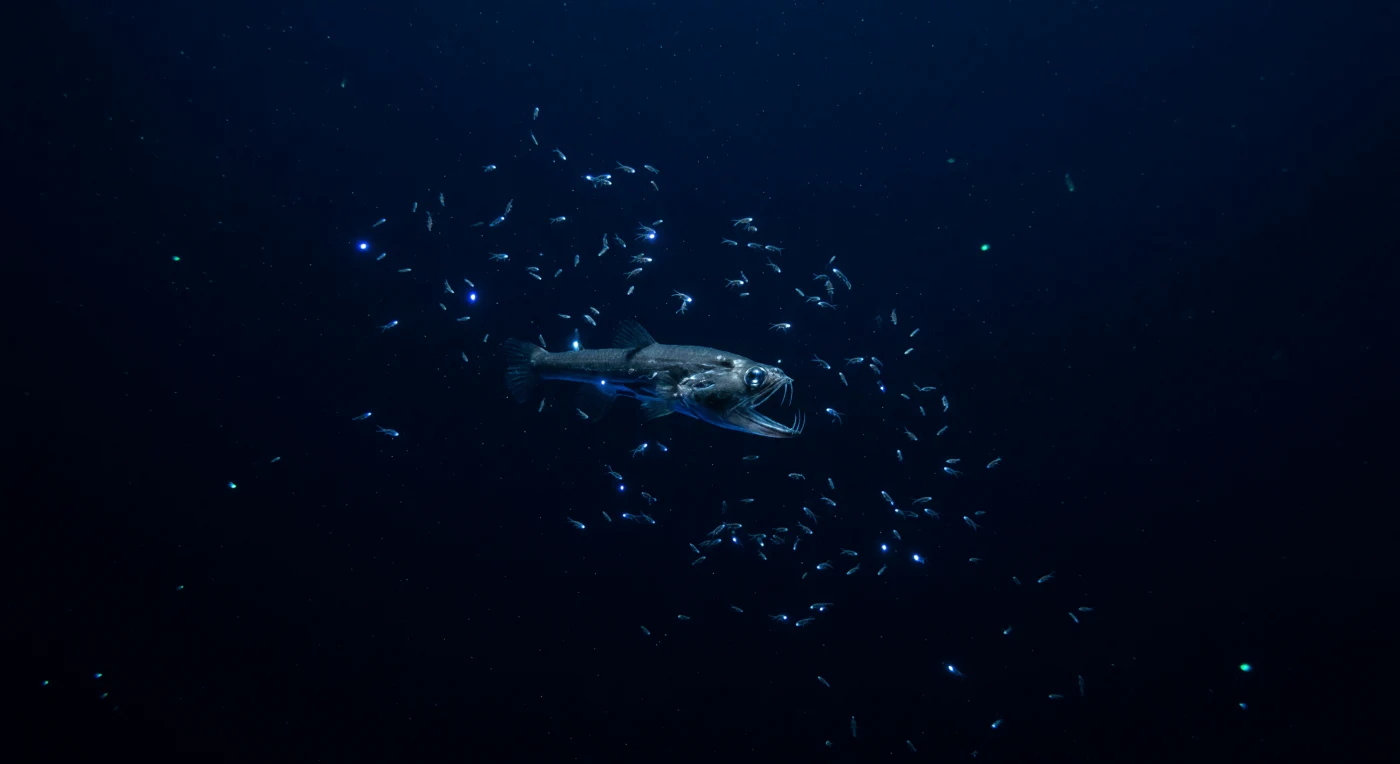 Dans les eaux noires situées entre mille cinq cents et deux mille cinq cents mètres de profondeur, là où la pression dépasse deux cents atmosphères et où toute lumière solaire a cessé depuis des centaines de mètres, un poisson-vipère — *Chauliodus sloani* — fend en diagonale un nuage désorganisé de crustacés pélagiques, son corps métallique et fusiforme de quelques dizaines de centimètres concentrant une force musculaire adaptée à l'écrasement silencieux des profondeurs. La scène n'existe que par intermittence : des éclairs de bioluminescence cyan-bleu, déclenchés par la panique du banc perturbé et par les micro-organismes planctoniques environnants, révèlent brièvement les longues canines inférieures recourbées vers le haut, les yeux tubulaires aux rétines hypersensibles, les flancs parcourus d'organes lumineux alignés, avant que tout ne s'efface dans le noir d'indigo absolu. Autour du prédateur, de minuscules corps translucides de crustacés se dispersent en toutes directions, certains auréolés d'un halo électrique fugace, d'autres avalés par le vide entre deux pulsations lumineuses, tandis que la neige marine — particules organiques en suspension continuelle — dérive librement dans l'eau froide et limpide sans jamais être rattrapée par aucun faisceau. Ce corridor de prédation est l'une des interactions les plus communes et les moins observées de la biosphère : une rencontre de quelques fractions de seconde entre un chasseur à embuscade pélagique et ses proies, dans un milieu où la rareté alimentaire a façonné, au fil des millions d'années, des morphologies d'une précision redoutable — mâchoires extensibles, corps quasi-transparents, leurres lumineux — toutes architectures d'un monde qui fonctionne parfaitement, silencieusement, sans témoin.