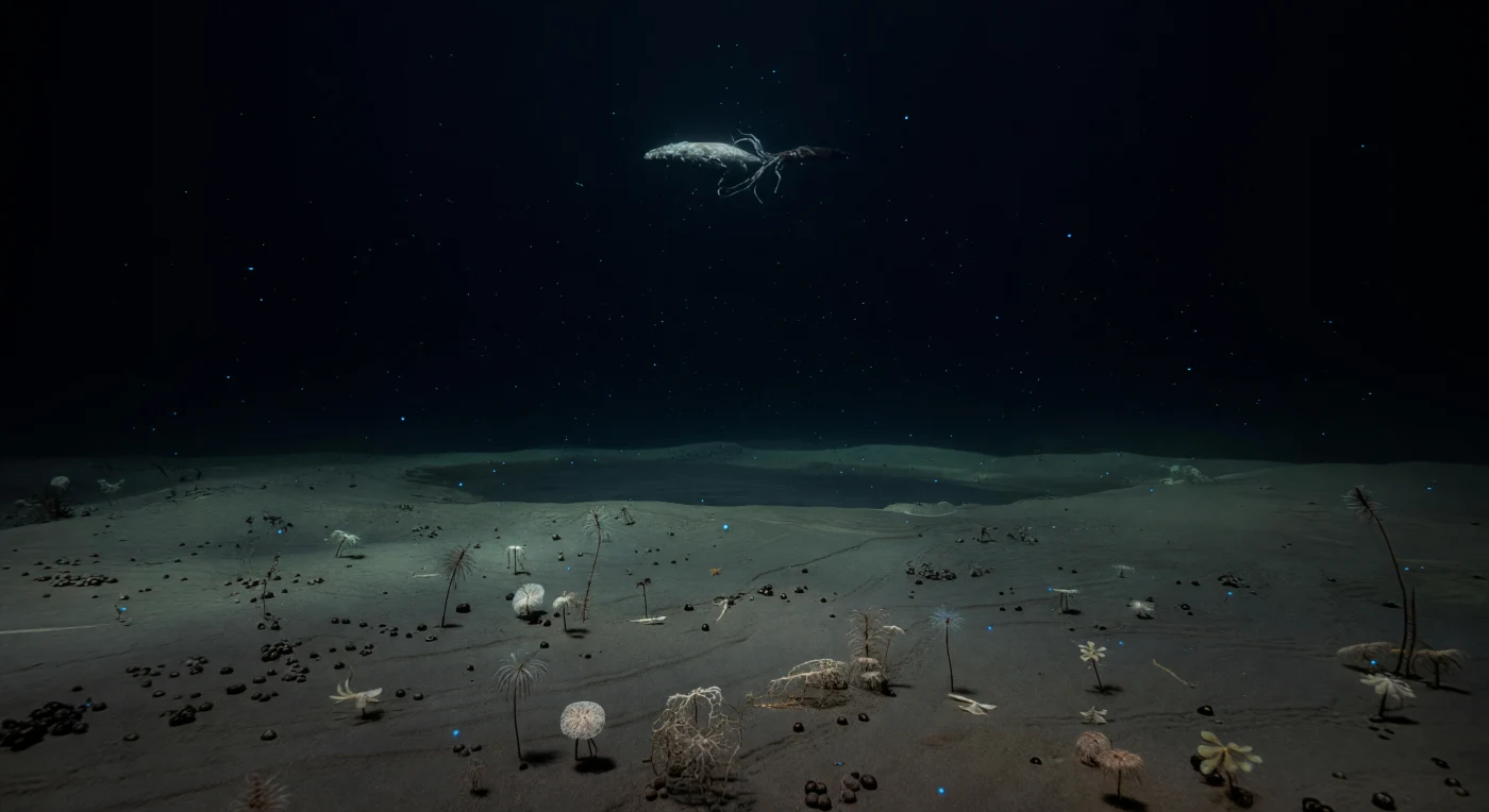 Dans l'immensité noire de la colonne d'eau au-dessus des plaines abyssales, à des pressions avoisinant quatre cents à six cents atmosphères et à des températures à peine supérieures au point de congélation, un cachalot — *Physeter macrocephalus* — et un calmar géant — *Architeuthis dux* — s'affrontent dans une spirale lente et muette, leurs corps à peine discernables sinon par les éclats de bioluminescence arrachés au plancton perturbé et par les flashs de stress qui courent le long des bras du céphalopode, révélant un instant la géométrie barbelée de ses ventouses crochues contre la peau blanche et cicatrisée du cétacé. Entre ce combat lointain et le fond, la néige marine dérive librement, ponctuée de perles cyan isolées émises par des organismes dont la lumière est l'unique langage dans cet univers sans soleil. En contrebas, la plaine abyssale s'étend en une étendue de sédiments gris-brun finement ondulés, parsemée de nodules de manganèse bruns et noirs formés sur des millions d'années par précipitation lente d'oxydes métalliques, tandis que des plumes de mer s'élèvent avec grâce du substrat et que des xénophyophores — les plus grands organismes unicellulaires connus — reposent comme des dentelles organiques pâles sur la vase. Des traces ténues dans le sédiment attestent le passage discret d'une faune benthique invisible, et, à la marge à peine perceptible d'une flaque de saumure, l'interface dense et réfractive d'un liquide hypersalin rappelle que cet océan profond abrite ses propres géographies intérieures, existant depuis toujours sans témoin.